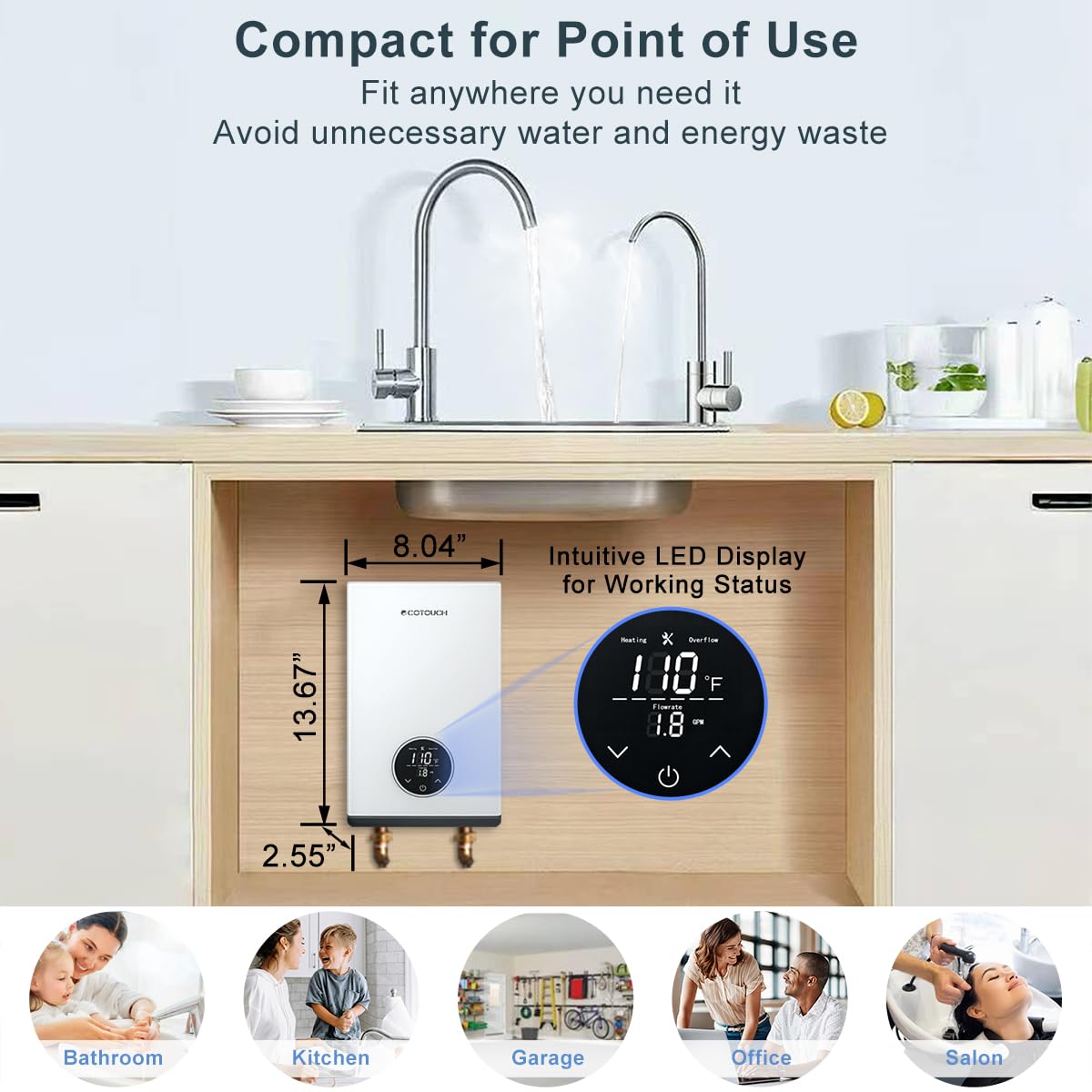 Tankless Hot Water Heater Electric, ECOTOUCH 8kW 240V Instant Water Heater Under Sink Point of Use Water Heaters on Demand with Self Modulating Technology ETL Certificated ECO80S White
