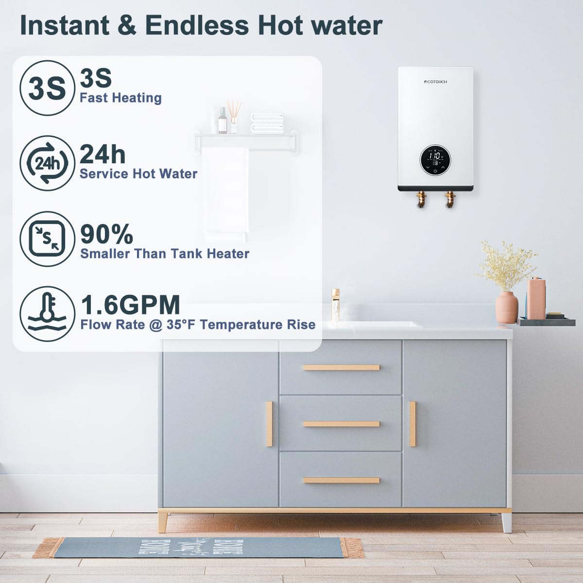 Tankless Hot Water Heater Electric, ECOTOUCH 8kW 240V Instant Water Heater Under Sink Point of Use Water Heaters on Demand with Self Modulating Technology ETL Certificated ECO80S White
