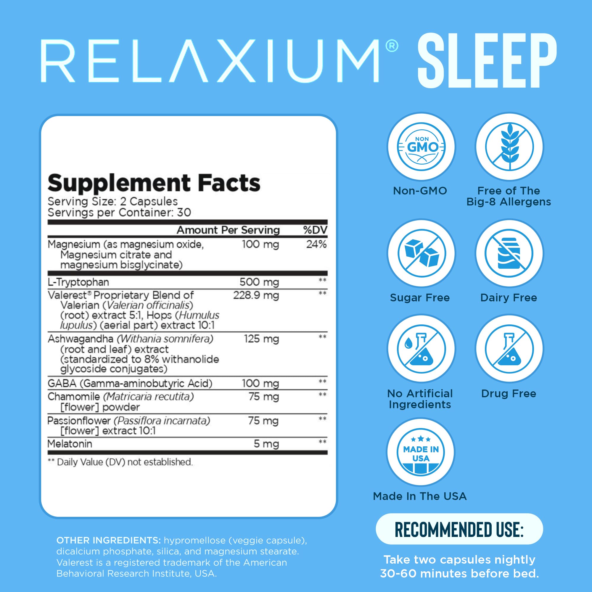 Relaxium Sleep Aid for Adults, Melatonin 5mg with Magnesium Glycinate, Sleep-Promoting Valerest & Ashwagandha, Non-Habit Forming Sleep Supplement, 60 Capsules, 30-Day Supply