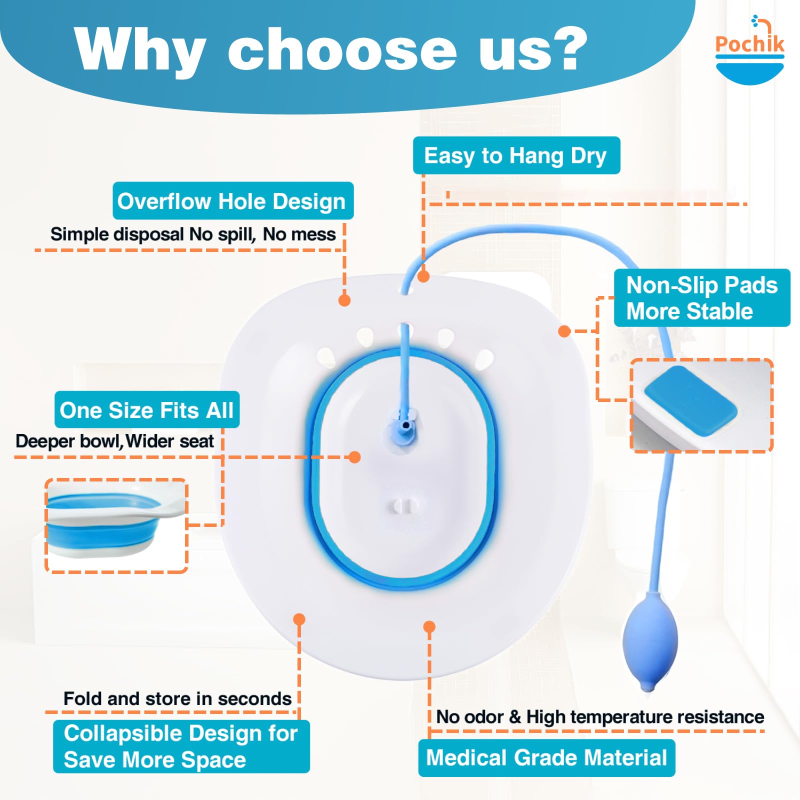 Pochik Sitz Bath for Toilet Seat Hemorrhoids and Postpartum Care, Yoni Steam Seat, Perineal Soaking, Collapsible, Flusher Hose, Drain Holes, Wider Seating Area - Blue