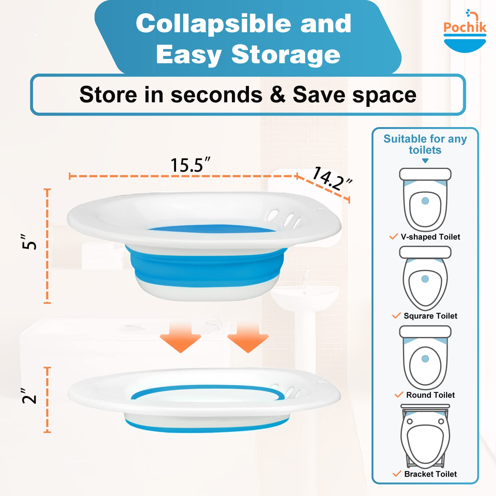 Pochik Sitz Bath for Toilet Seat Hemorrhoids and Postpartum Care, Yoni Steam Seat, Perineal Soaking, Collapsible, Flusher Hose, Drain Holes, Wider Seating Area - Blue