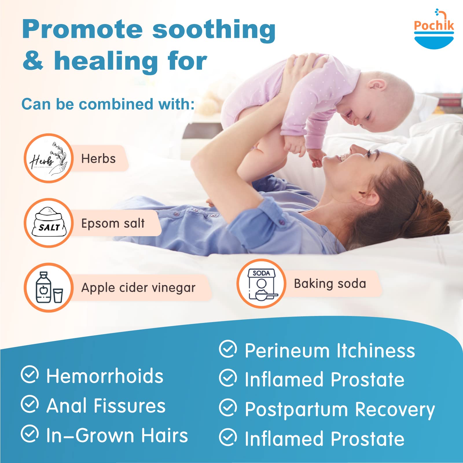 Pochik Sitz Bath for Toilet Seat Hemorrhoids and Postpartum Care, Yoni Steam Seat, Perineal Soaking, Collapsible, Flusher Hose, Drain Holes, Wider Seating Area - Blue