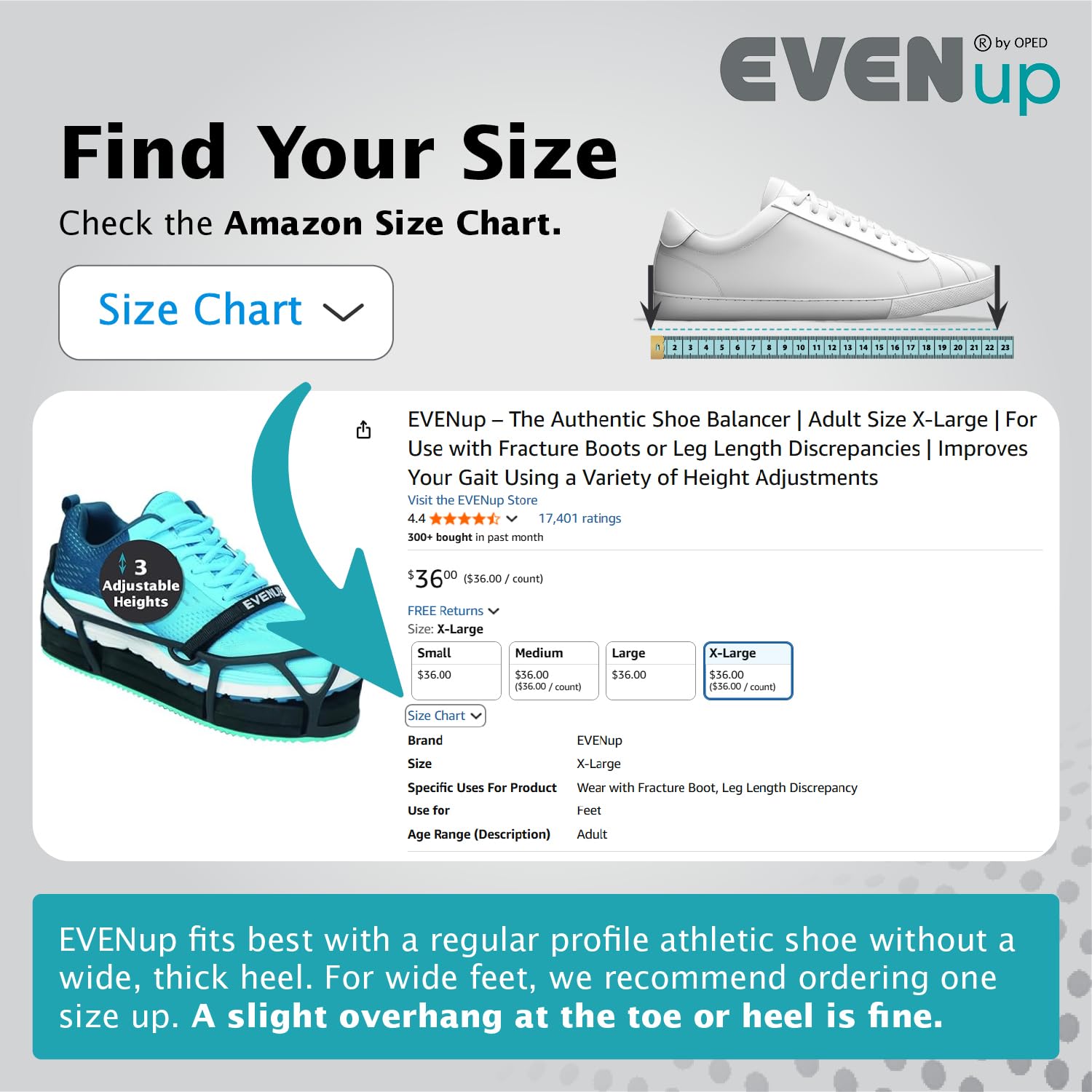 EVENup - Shoe Lift for Walking Boot I Adult Size Medium I Shoe Balancer for Use with Fracture Boots or Leg Length Discrepancy I 3 Adjustable Heights for Gait Improvement I Shoe Leveler, Shoe Riser