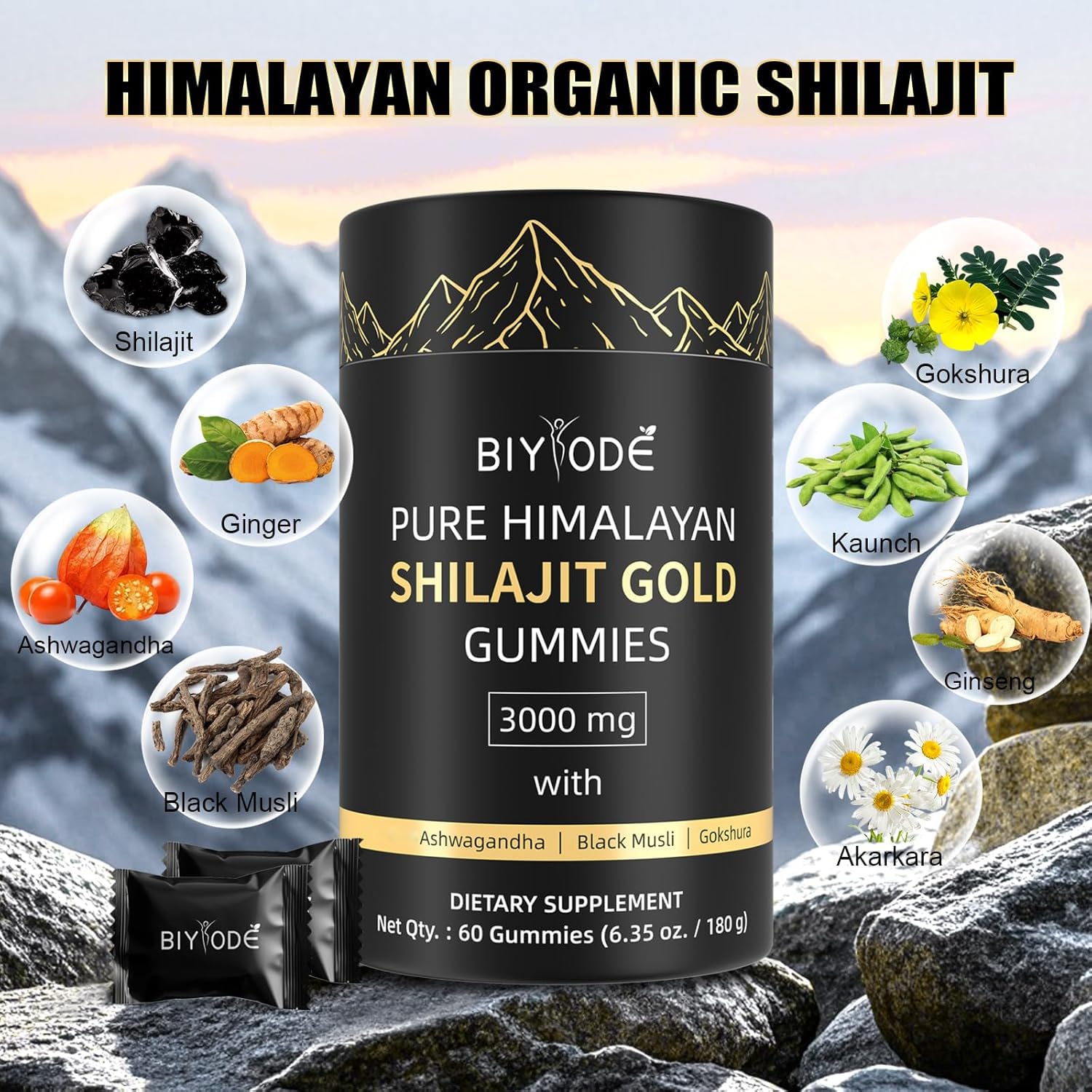 BIYODE Shilajit Gummies: Pure Shilajit Himalayan Rich in Ashwagandha Gaulshura Fulvic Acid 85 Micronutrients Suitable for Men and Women No Added Sugar