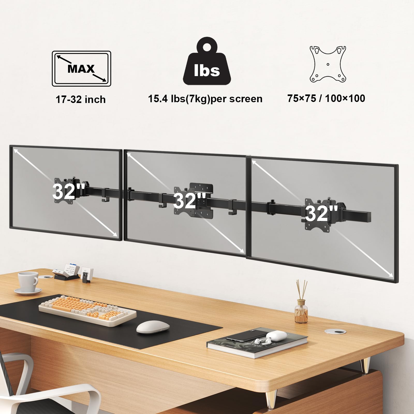 Triple Monitor Wall-Mount for 17"-32" Screens - Adjustable Heavy Duty Three Wall Monitor Mount with Cable Management, Space-saving,Tilt, Swivel, Rotation, VESA 75/100 mm, Max 15.4lbs per Screen, Black