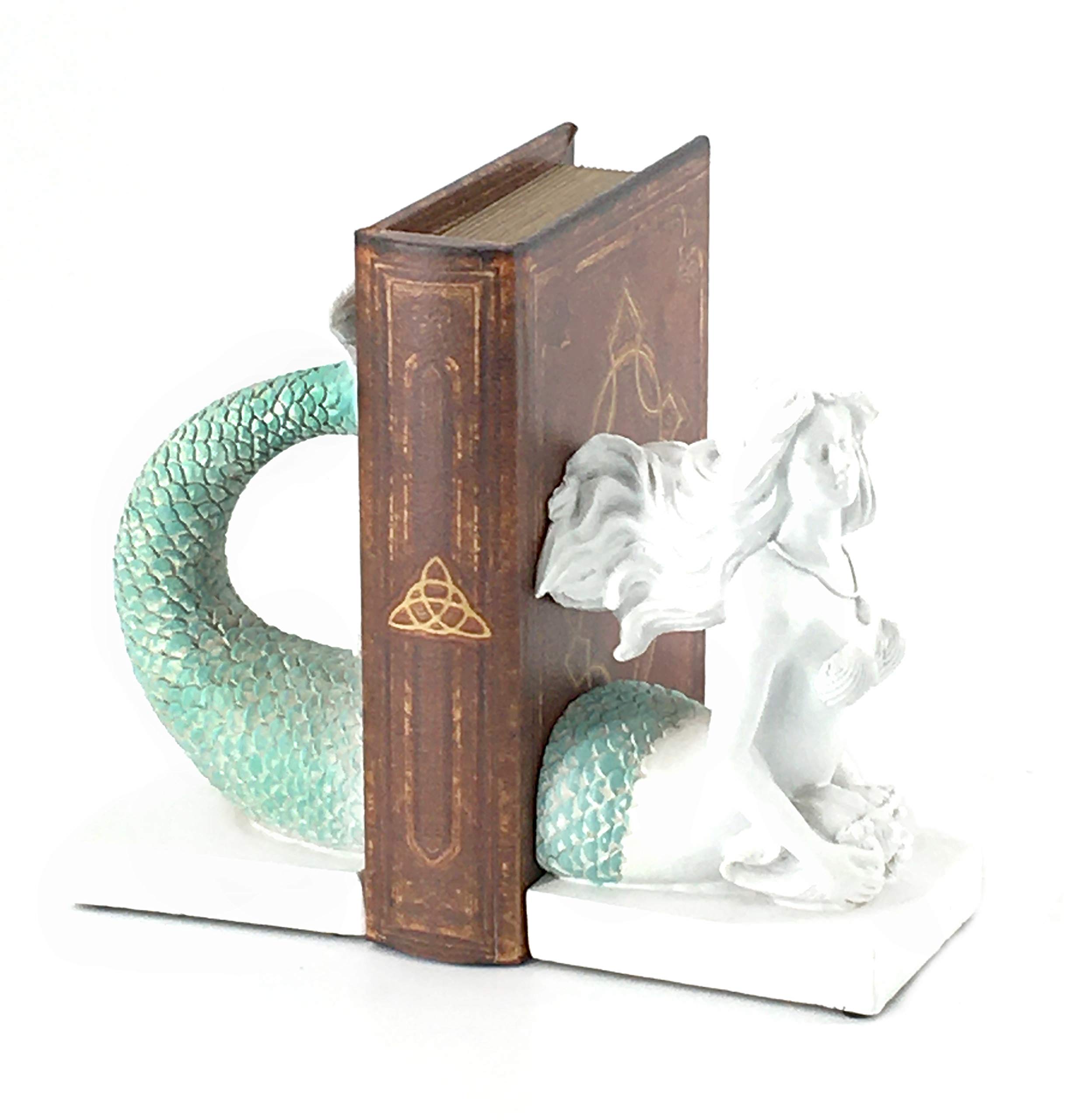 Bellaa 22975 Decorative Bookend Mermaid Antique Farmhouse Sailor Sea Nautical Coastal Fish Boho Beach Decor Retro Vintage Book Ends Distressed White Turquoise 9 Inch