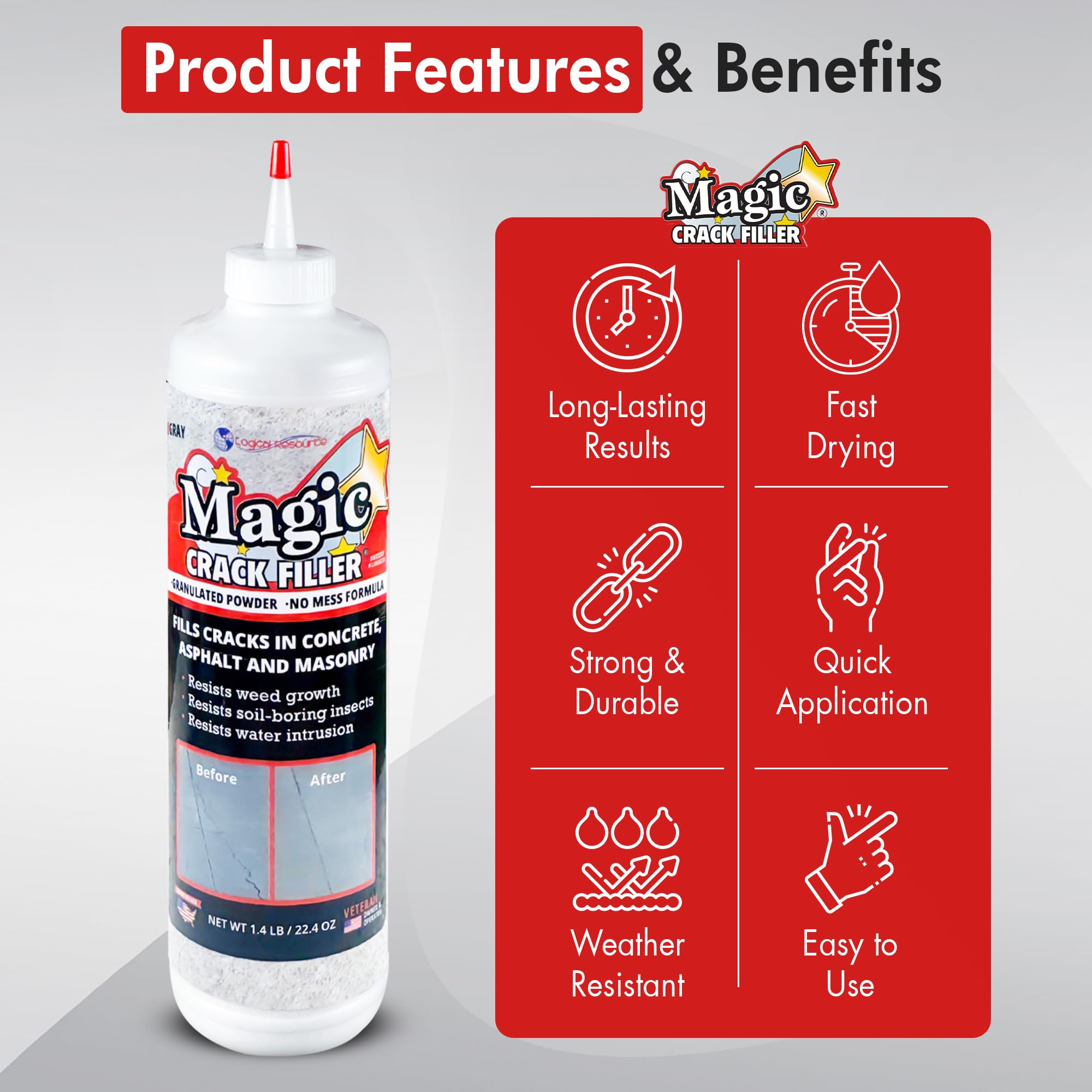 Gray 1.4 LB Magic Crack Filler Bottle - Easy, No-Mess Crack Repair for Concrete, Masonry & Asphalt - Durable & Weather-Resistant
