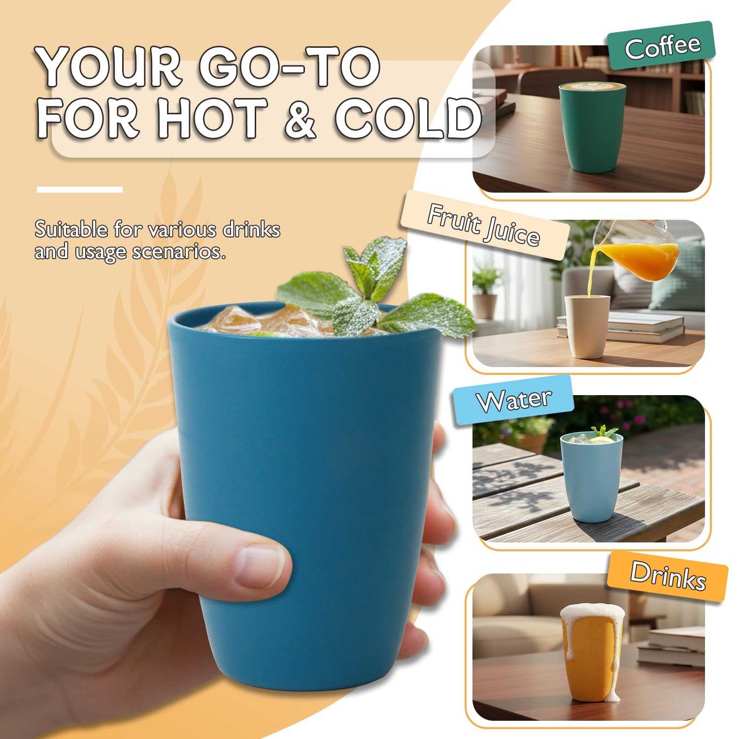 Wrova Wheat Straw Cups 6 PCS Good Alternative to Plastic Reusable Cups 12 oz Unbreakable Drinking Cup Reusable Dishwasher Safe Water Plastic Glasses with 6 Colors