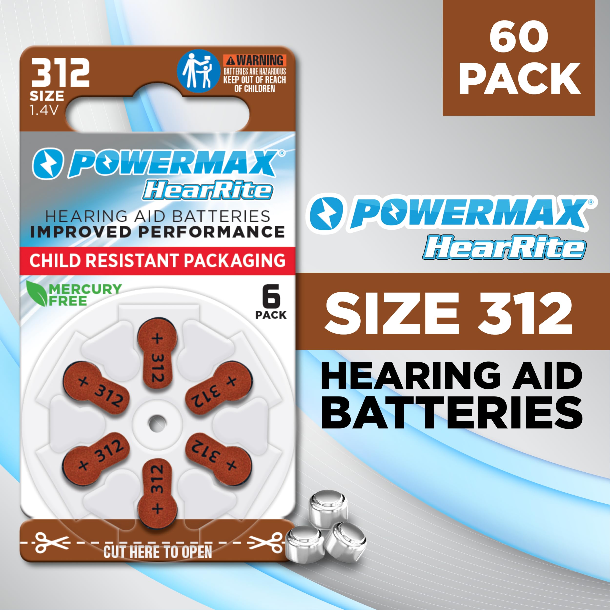 Powermax Size 312 Hearing Aid Batteries, 60 Count Long-Lasting Battery Pack, Brown Long Tab for Easy Change