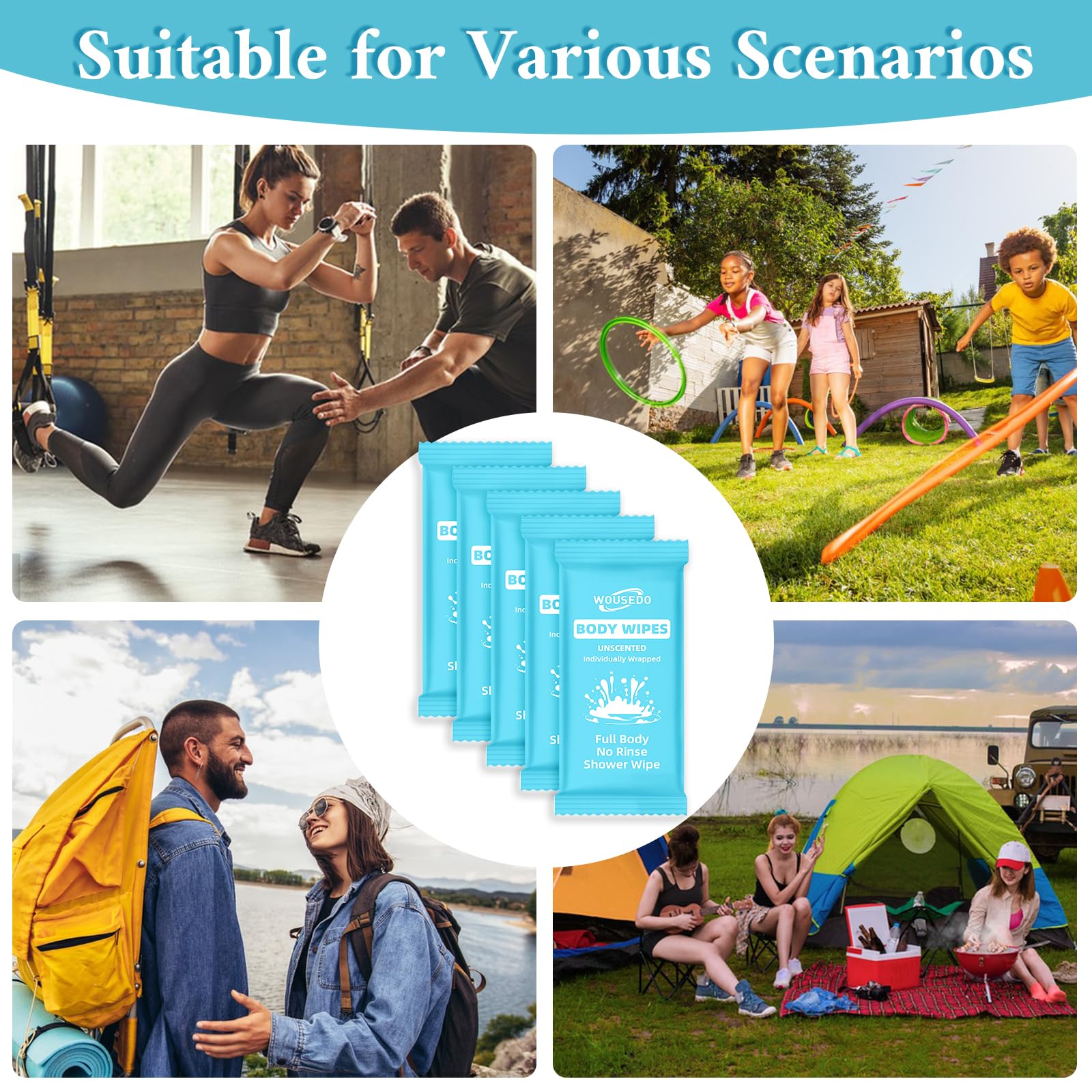 300 Pcs Ultra Thick Soft Large Body Wipes Individually Wrapped(7.87" x 9.45"),Shower Wipes for Adults Bathing No Rinse,Personal Cleansing Wipes for Travel Gym,Bulk Deodorant for Homeless(Blue)