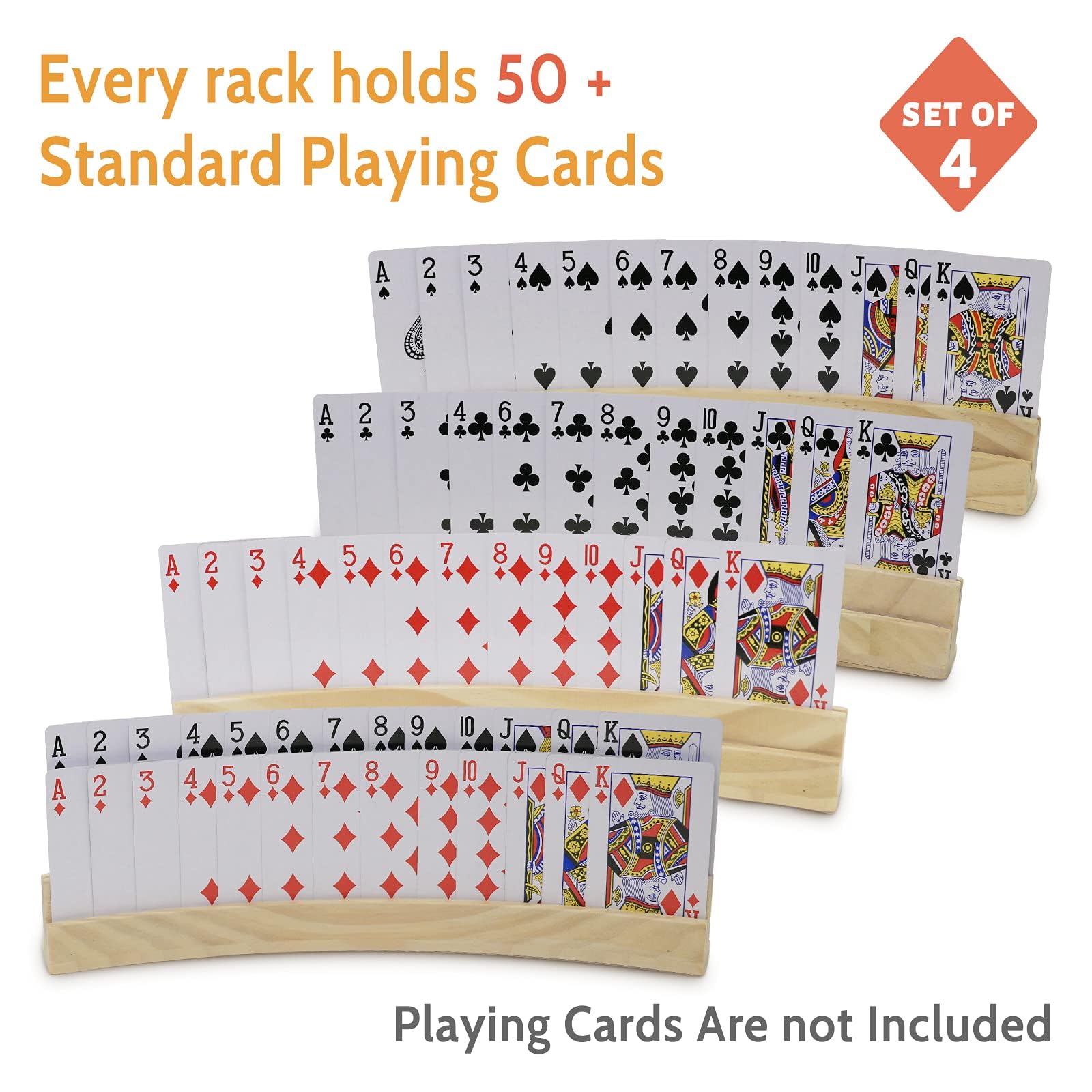 plusvivo Set of 4 Curved Playing Cards Holders for Seniors Adults - Soild Wood Cards Holders for Playing Cards 13 x 1.9 x 2.4 Inch for Bridge Canasta Strategy Foot and Hand