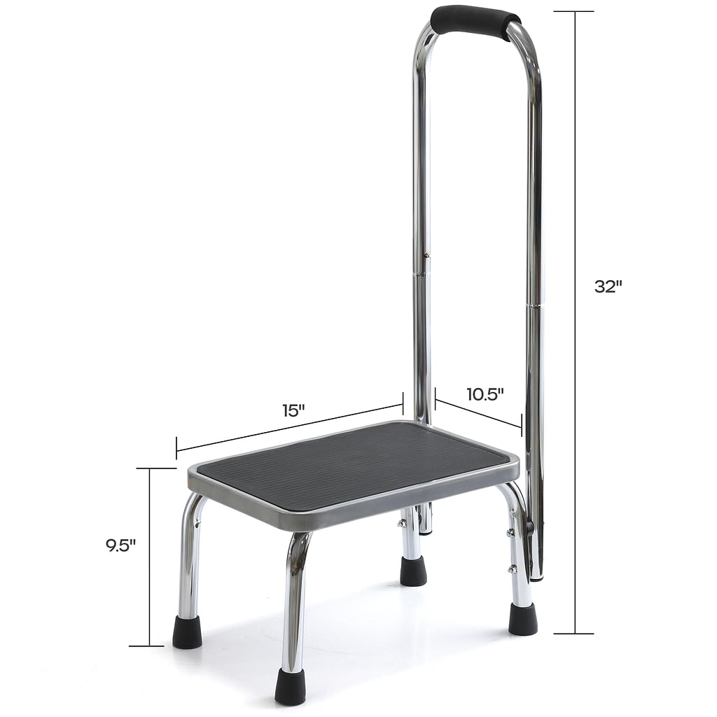 Step Stool with Handle for Adults Step stools with Handle for Elderly for Bed Chrome-Plated Steel Frame 330Lbs Capacity Use at Home Bathroom Kitchen