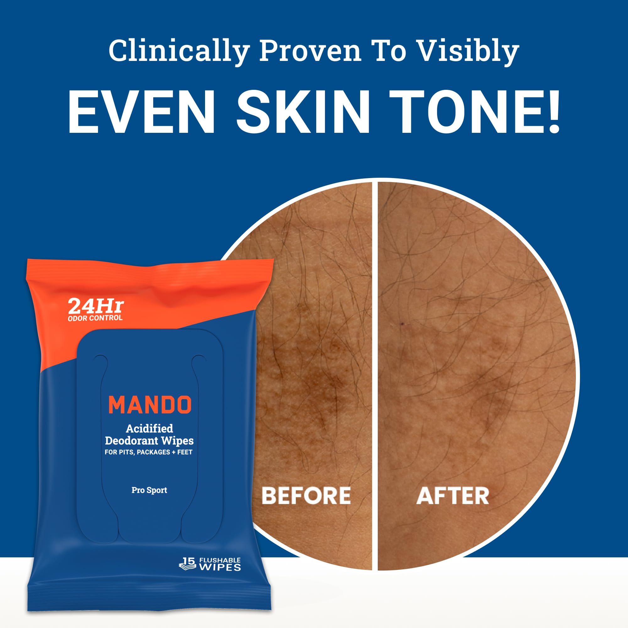 Mando Deodorant Wipes - 24 Hour Odor Control - Aluminum Free, Baking Soda Free, Skin Safe (15 Count (Pack of 3)