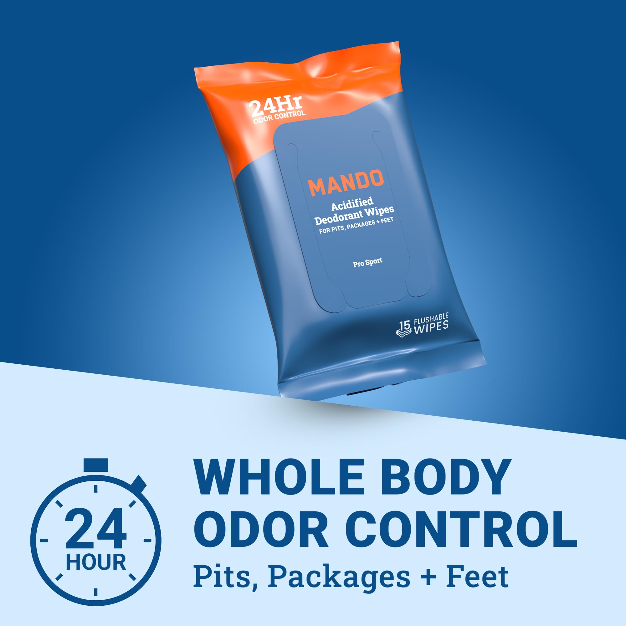 Mando Deodorant Wipes - 24 Hour Odor Control - Aluminum Free, Baking Soda Free, Skin Safe (15 Count (Pack of 3)