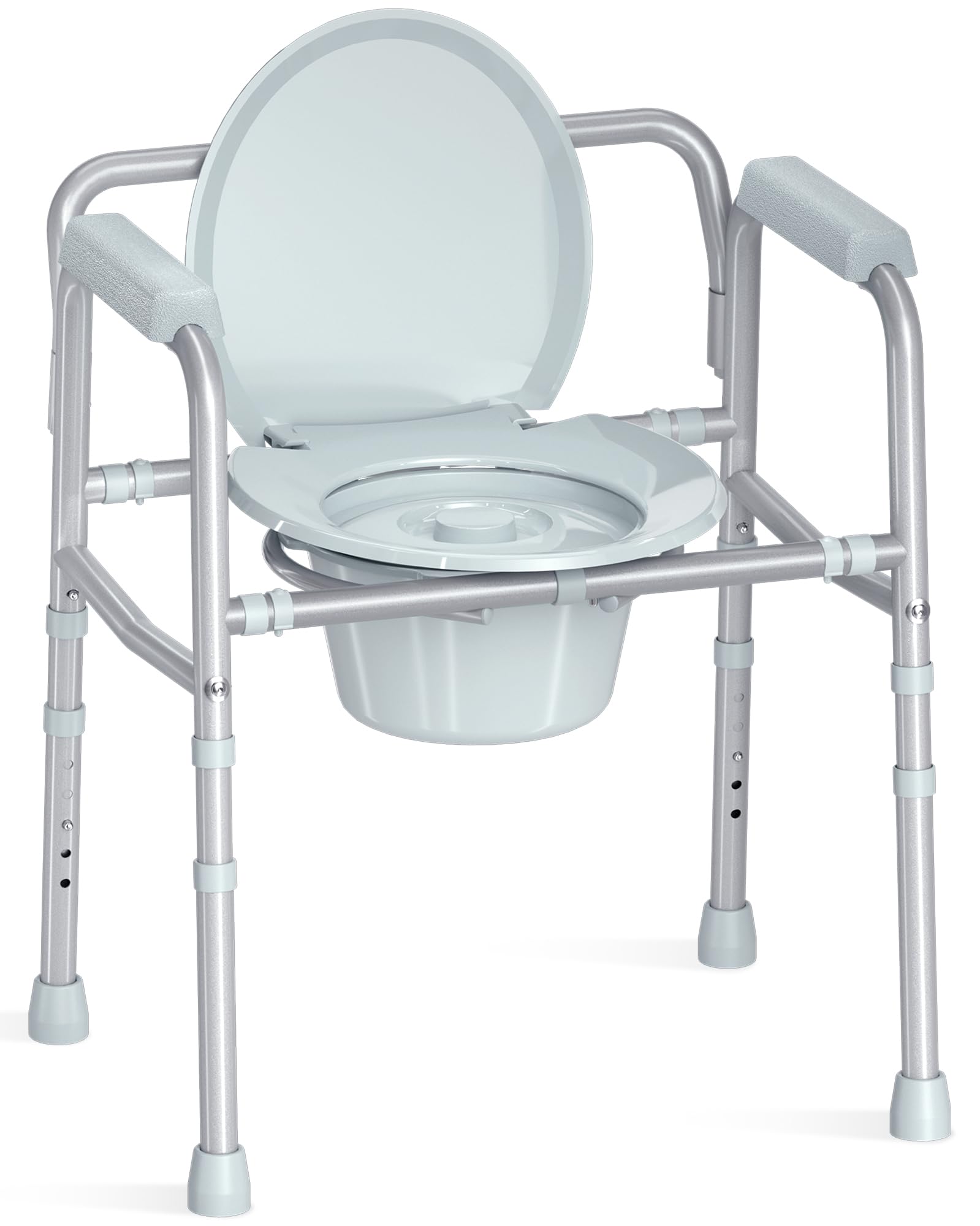 HOMLAND 3-in-1 Bedside Commode Chair with Sturdy Dual-Crossbar Support Construction, Stable Portable Commode Toilet with 7.5Qt Potty Bucket, 350 Lbs Bedside Commodes for Seniors, Silver