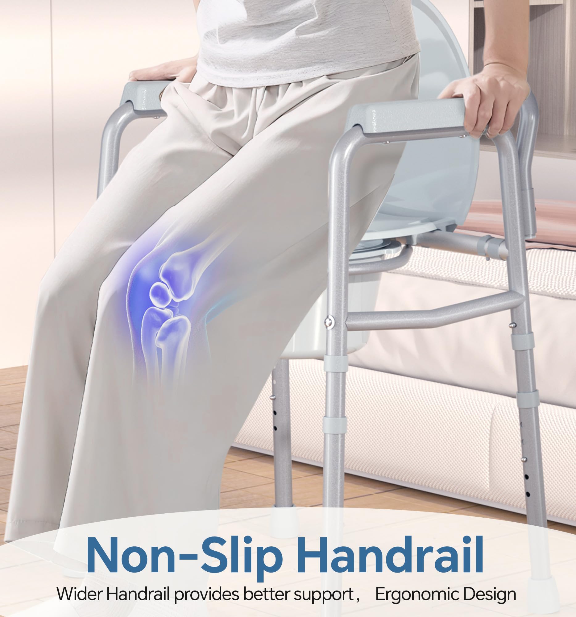 HOMLAND 3-in-1 Bedside Commode Chair with Sturdy Dual-Crossbar Support Construction, Stable Portable Commode Toilet with 7.5Qt Potty Bucket, 350 Lbs Bedside Commodes for Seniors, Silver