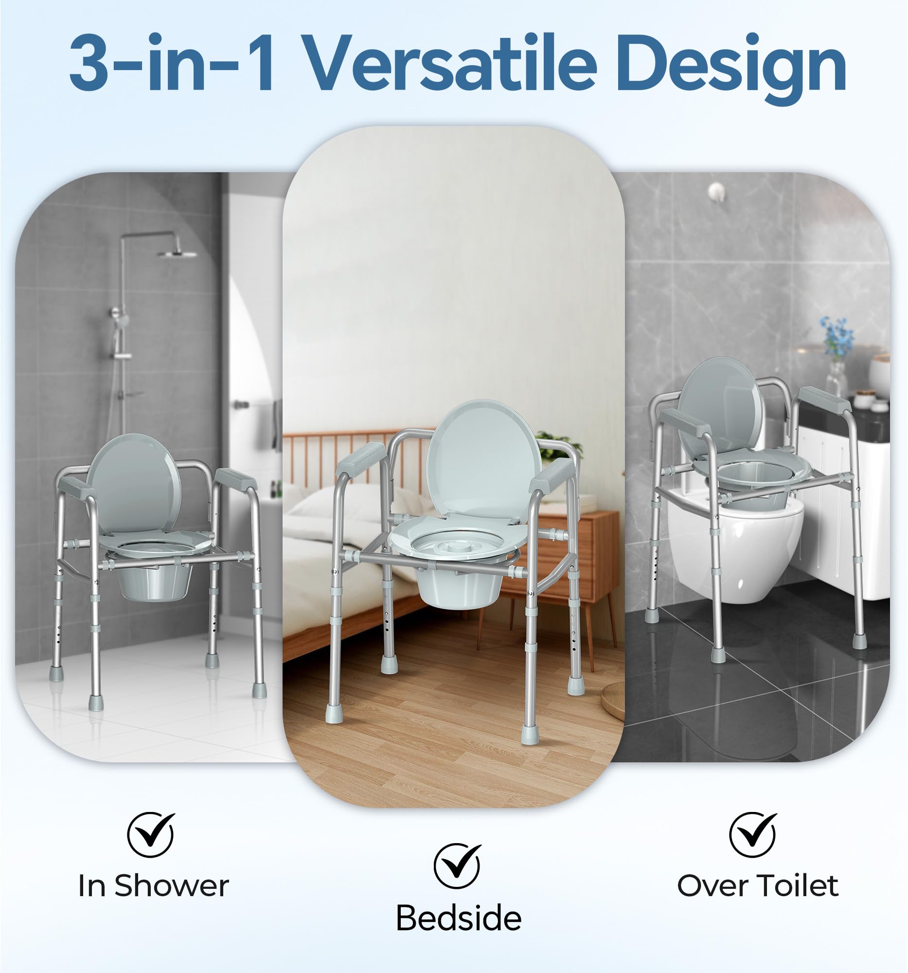 HOMLAND 3-in-1 Bedside Commode Chair with Sturdy Dual-Crossbar Support Construction, Stable Portable Commode Toilet with 7.5Qt Potty Bucket, 350 Lbs Bedside Commodes for Seniors, Silver