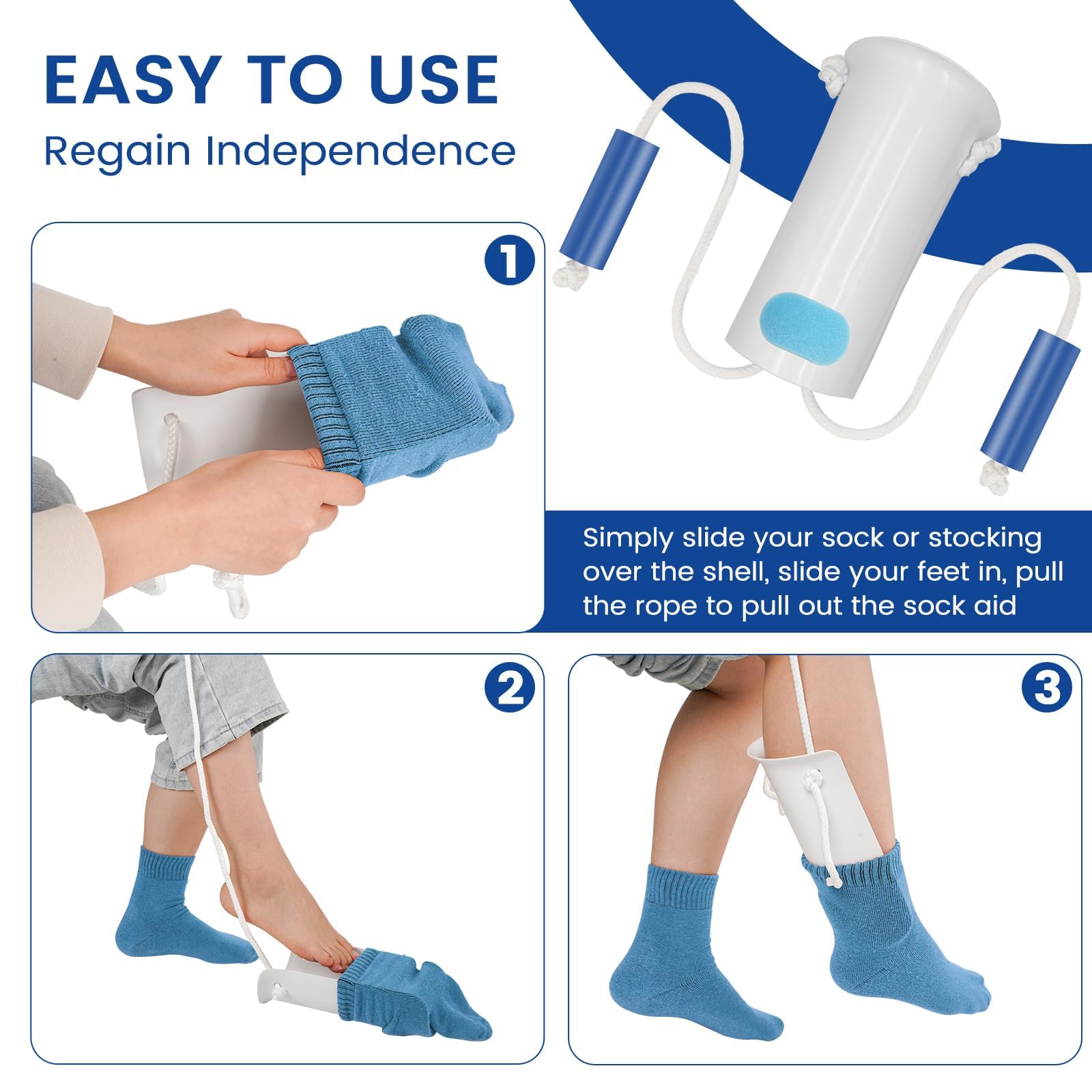 Jellas Sock Aid Kit, Flexible Sock Aid Device with Long Rope - Sock Puller aid Easy on and Off Device for Putting On and Removing Socks or Stockings, Sock Helper for Independence and Comfort (White)