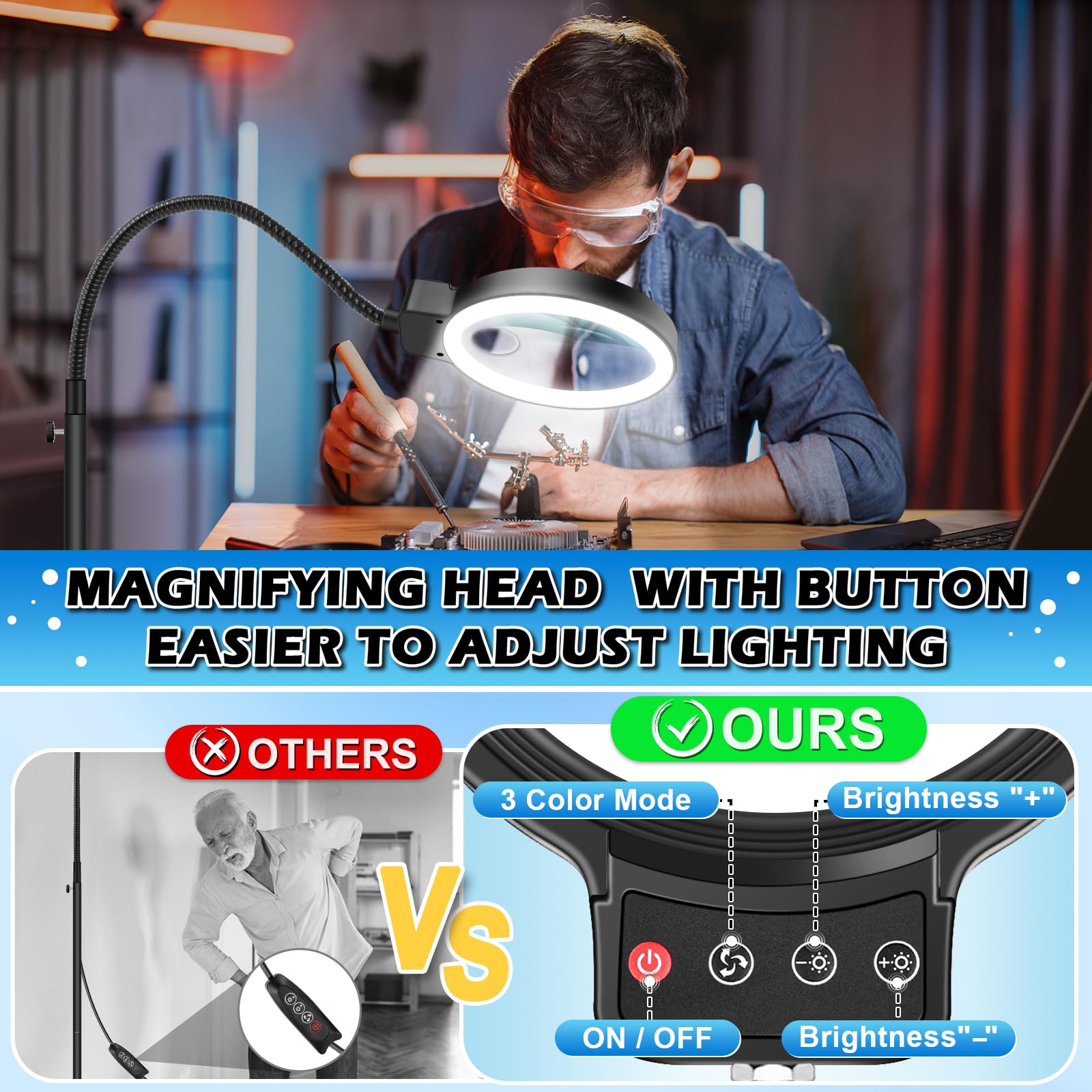 30X 10X Large Floor Magnifying Glass with Light and Stand,72 LED Flexible Gooseneck Floor Magnifying Lamp,2 in 1 Lighted Magnifiers for Close Work, Sewing,Crafts,Hobbies（Black）