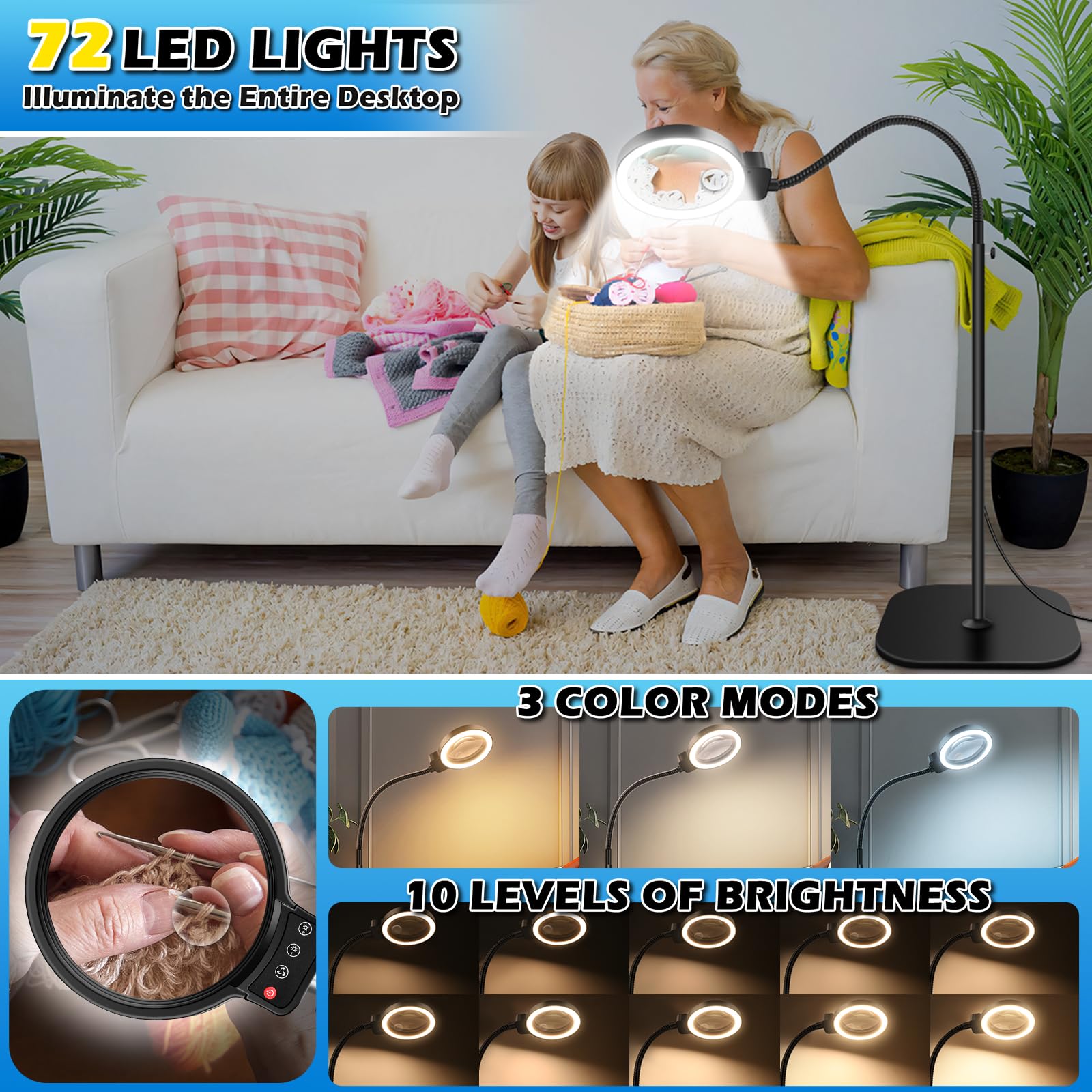 30X 10X Large Floor Magnifying Glass with Light and Stand,72 LED Flexible Gooseneck Floor Magnifying Lamp,2 in 1 Lighted Magnifiers for Close Work, Sewing,Crafts,Hobbies（Black）