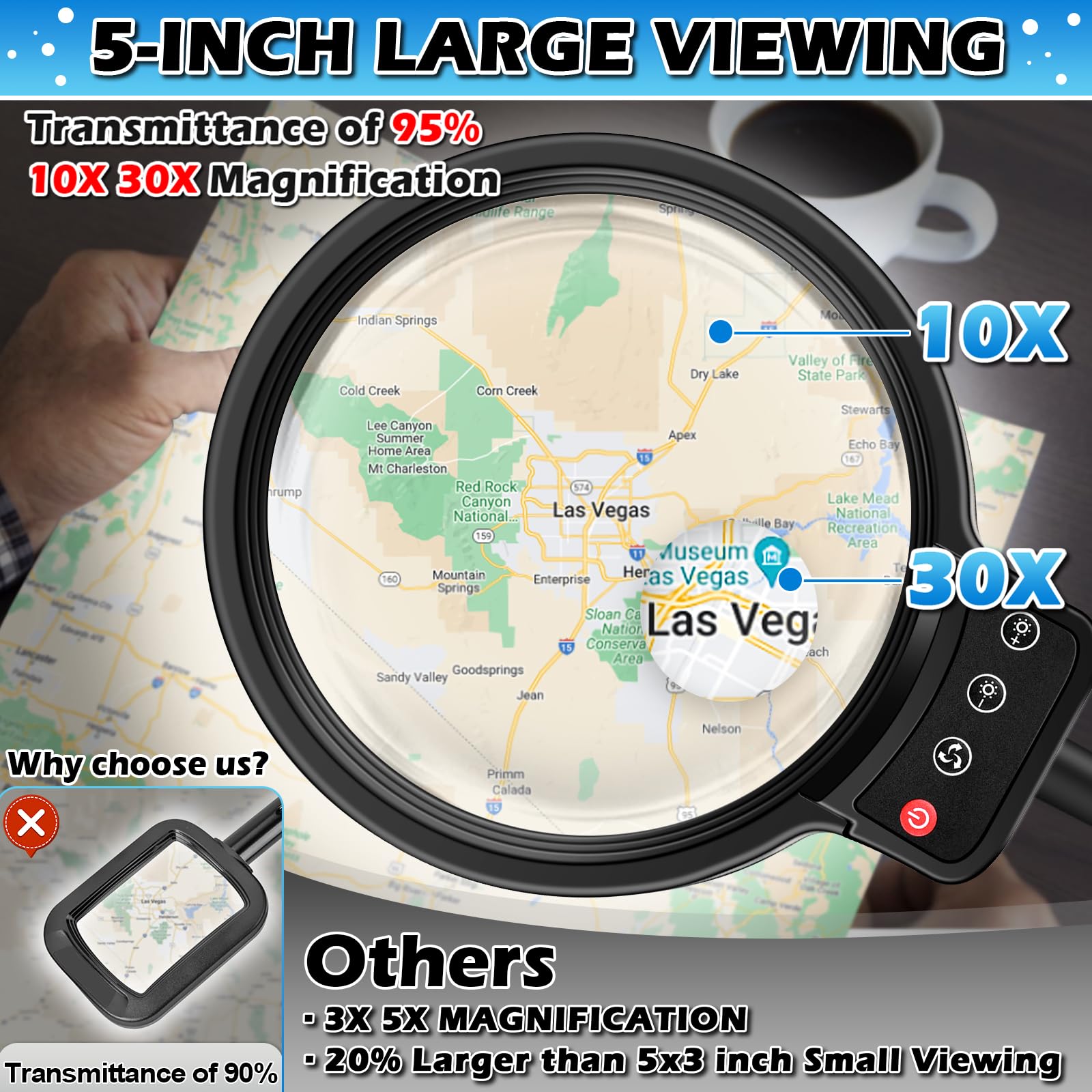 30X 10X Large Floor Magnifying Glass with Light and Stand,72 LED Flexible Gooseneck Floor Magnifying Lamp,2 in 1 Lighted Magnifiers for Close Work, Sewing,Crafts,Hobbies（Black）