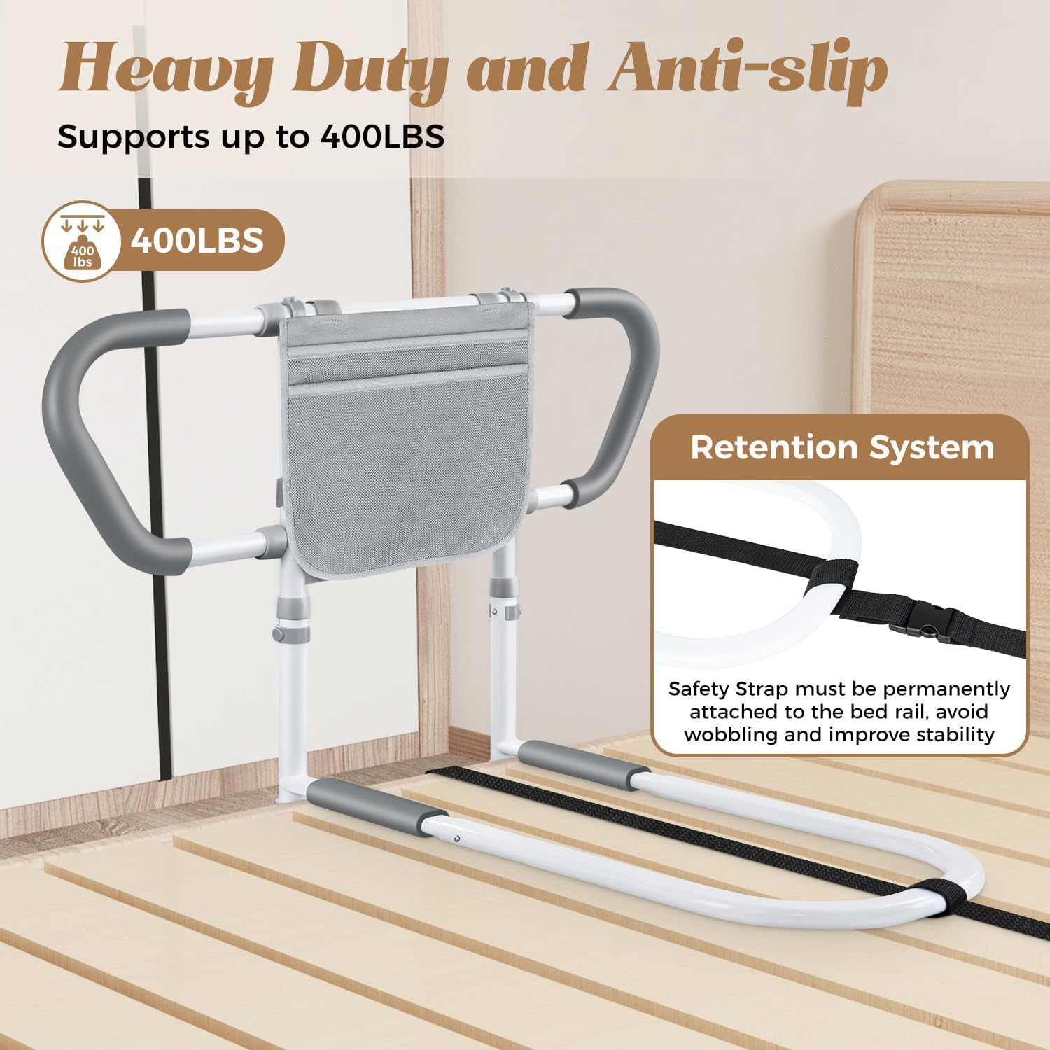 easymake Bedside Rail for Elderly Safety Adjustable Bed Aid with Storage Pocket, Non-Slip Handle,400 lbs Gravity Capacity (Stand-Compatible with Bed Frames 13.19" or Higher)