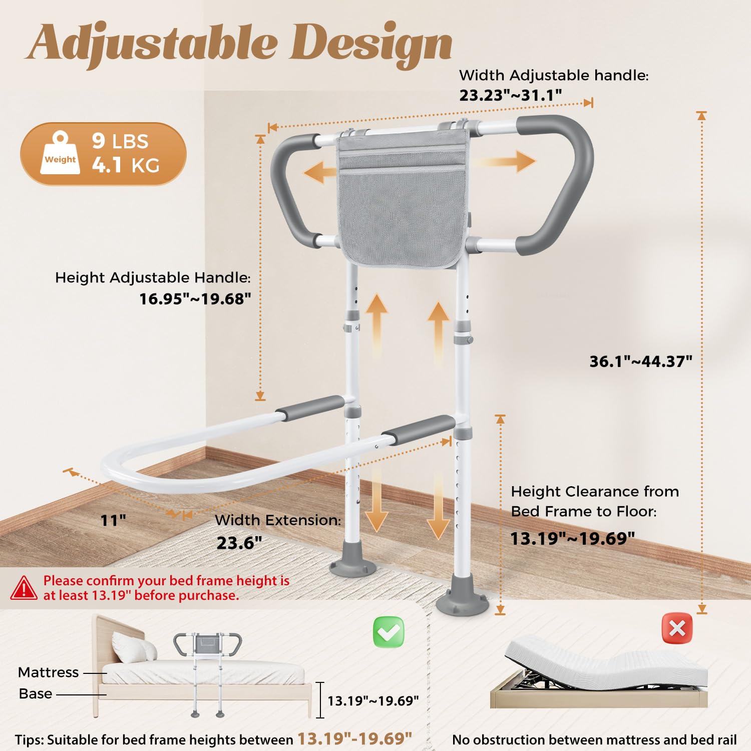 easymake Bedside Rail for Elderly Safety Adjustable Bed Aid with Storage Pocket, Non-Slip Handle,400 lbs Gravity Capacity (Stand-Compatible with Bed Frames 13.19" or Higher)