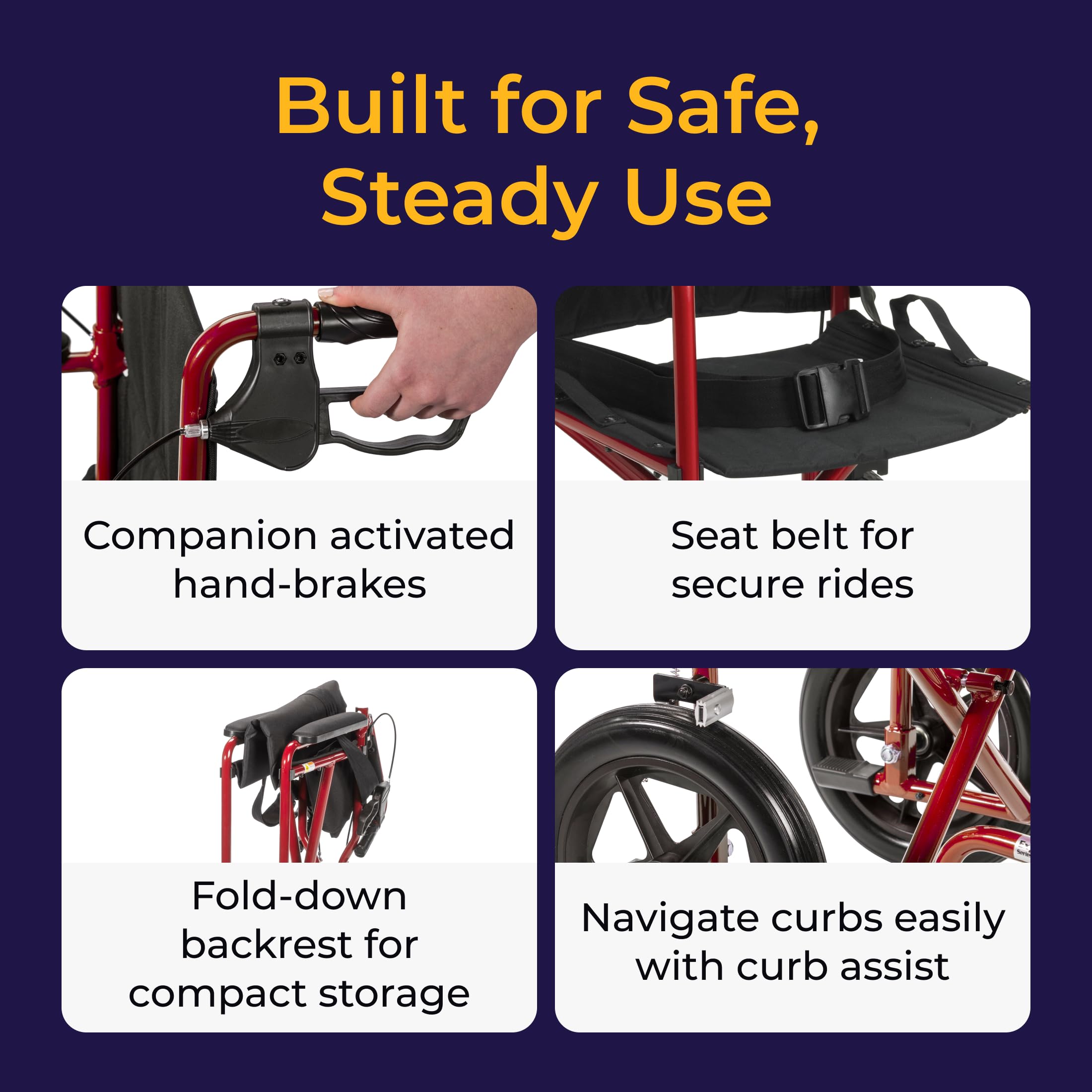 Drive Medical Lightweight Expedition Folding Transport Wheelchair - Ultra Lightweight Mobility Support for Seniors & Adults - Strong Aluminum Frame - Hand Brakes - Compact Folding Travel Chair - Red