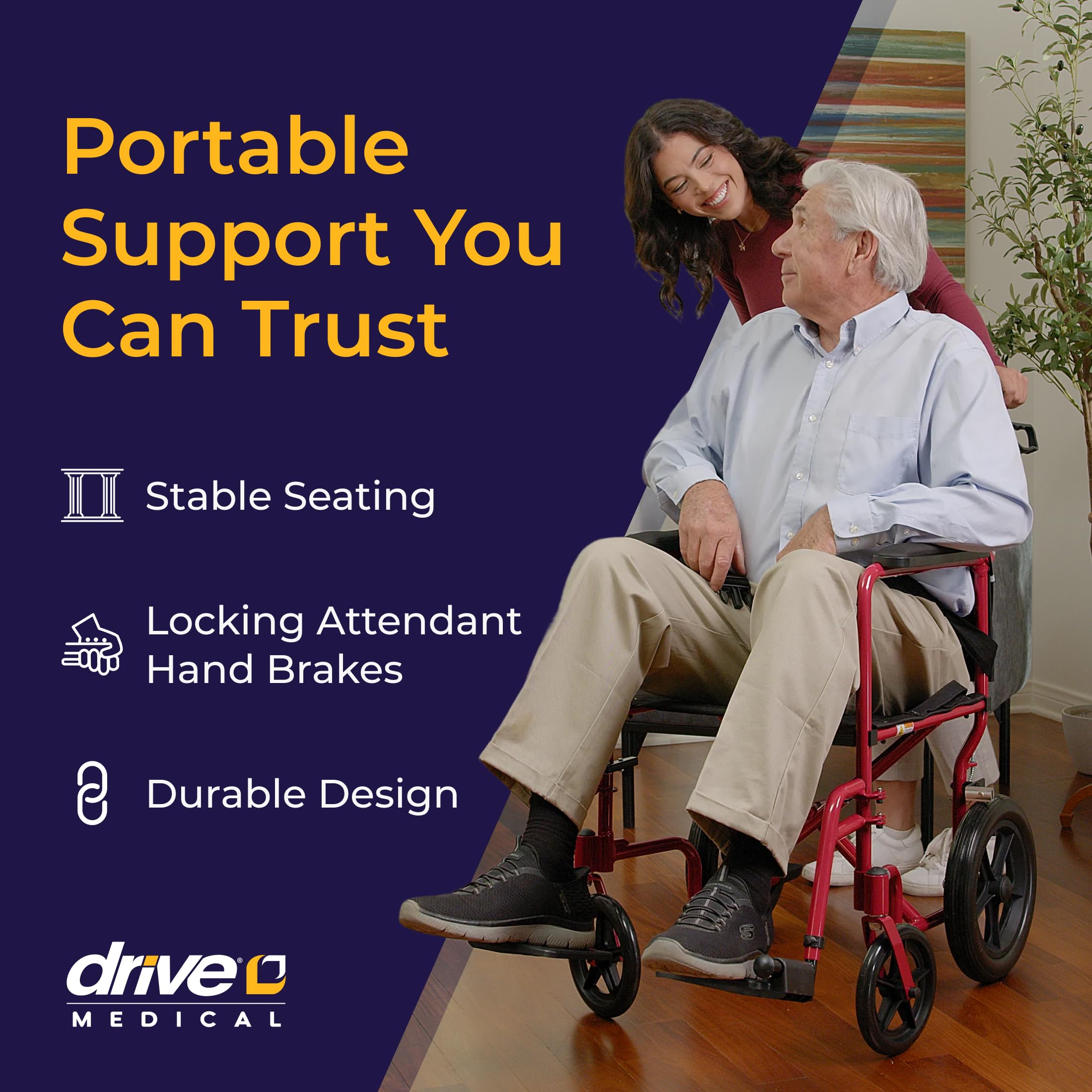 Drive Medical Lightweight Expedition Folding Transport Wheelchair - Ultra Lightweight Mobility Support for Seniors & Adults - Strong Aluminum Frame - Hand Brakes - Compact Folding Travel Chair - Red