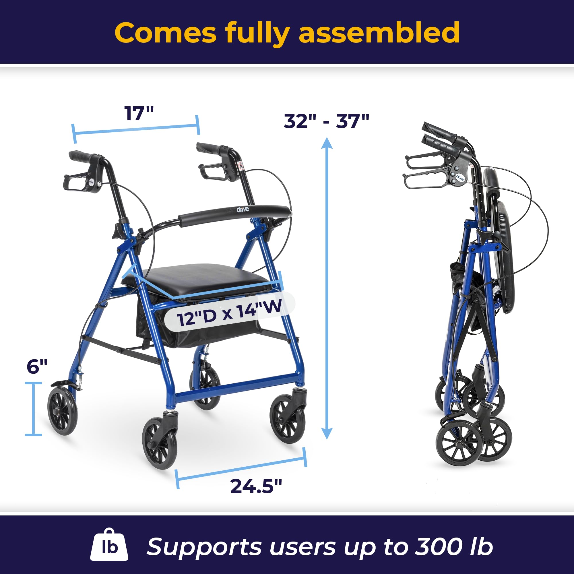 Drive Medical Aluminum Rollator Walker - Fold Up - Padded Seat - 6 Inch Wheels - Lightweight Portable Design - Indoor Outdoor Mobility Aid - Blue