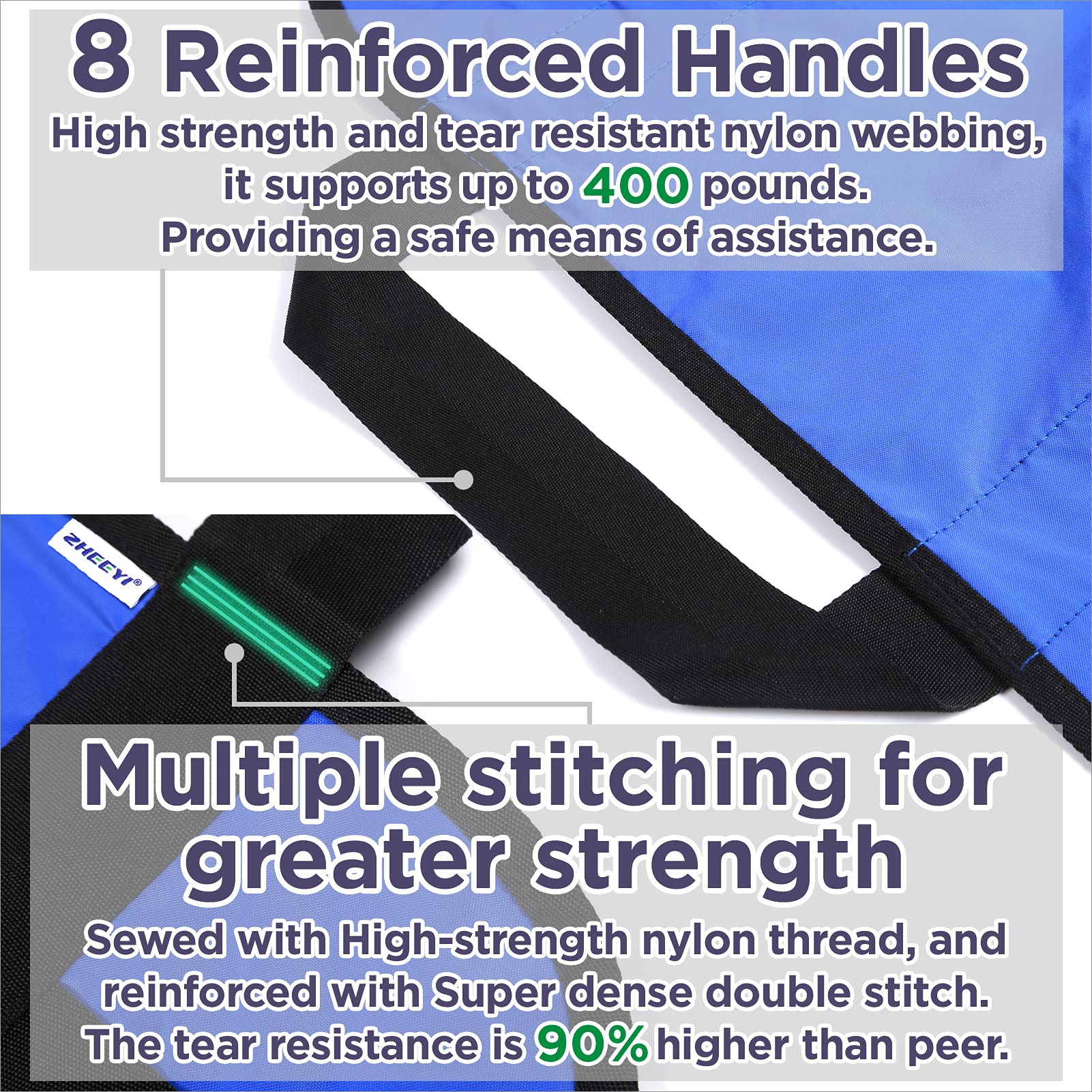 ZHEEYI Multipurpose 48" x 40" Positioning Bed Pad with Reinforced Handles - Reusable & Washable Transfer Sheet for Turning, Lifting & Repositioning - Double-Sided Nylon Fabric, Blue