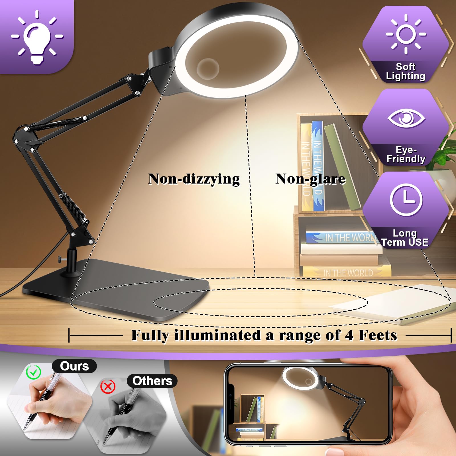 10X 30X Large Magnifying Glass with Light and Stand, 5-inch Lighted Magnifier, 72 LED 3 Color Modes Stepless Dimmable, Hands-Free Magnifying Glass Desk Lamp for Reading Craft Hobby Close Work Black