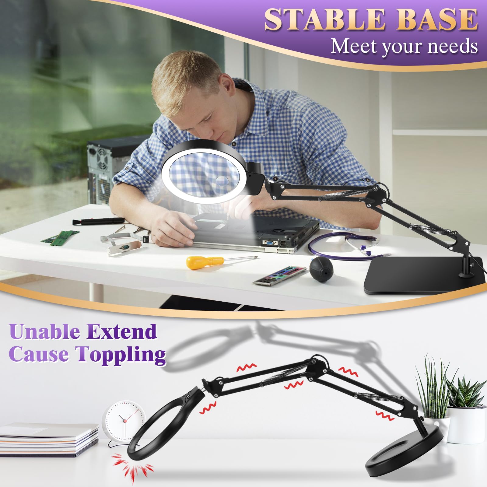 10X 30X Large Magnifying Glass with Light and Stand, 5-inch Lighted Magnifier, 72 LED 3 Color Modes Stepless Dimmable, Hands-Free Magnifying Glass Desk Lamp for Reading Craft Hobby Close Work Black