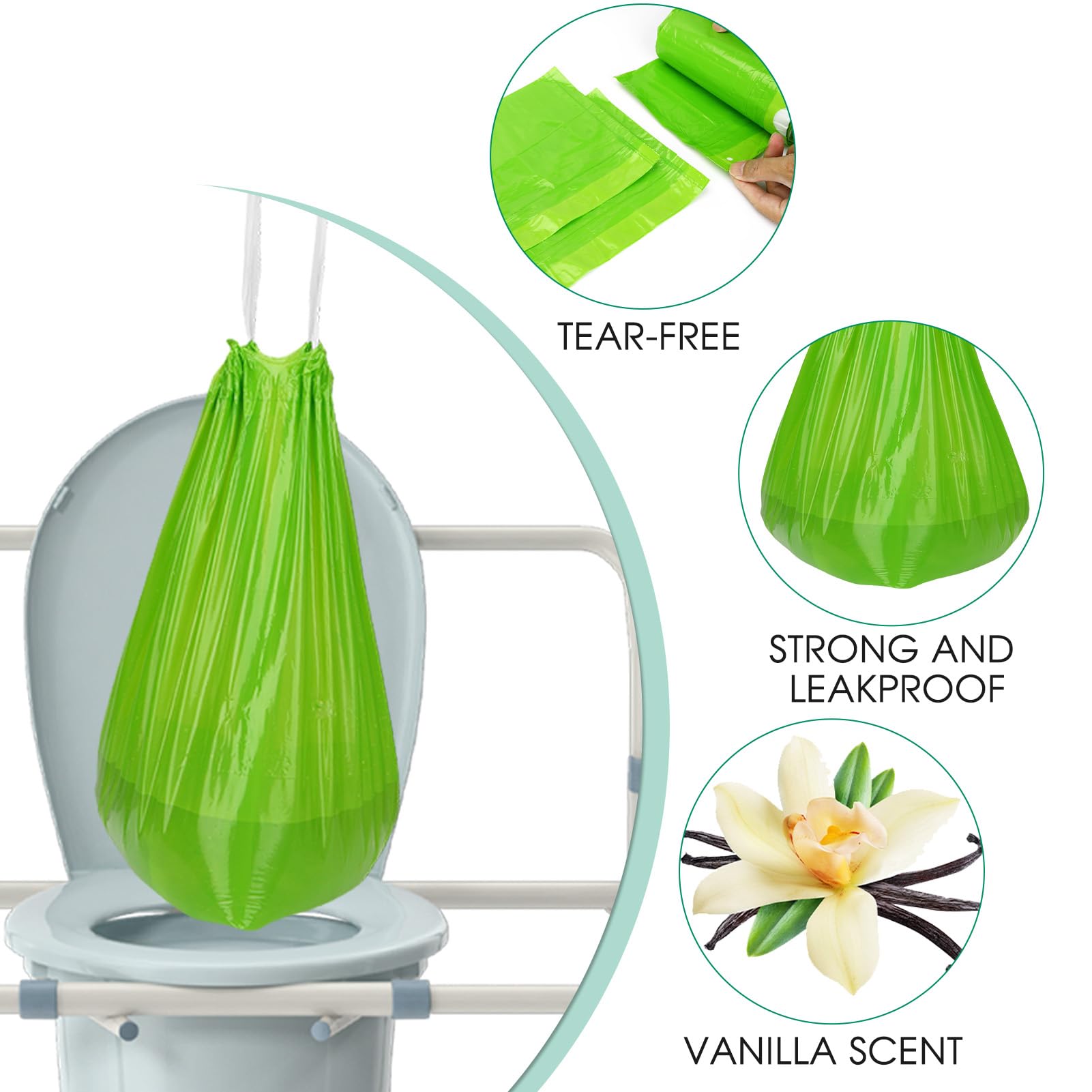 BOOWOO Bedside Commode Liners with Absorbent Pads, Disposable Commode Bags/Pads, Scented Adult Potty Chair Liners, Portable Commode Poop Bag for Commode Chair, Bedpan, Bucket Toilet, 50 Bags+50 Pads