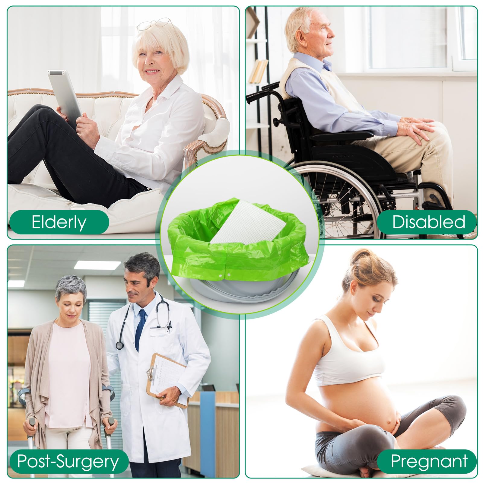 BOOWOO Bedside Commode Liners with Absorbent Pads, Disposable Commode Bags/Pads, Scented Adult Potty Chair Liners, Portable Commode Poop Bag for Commode Chair, Bedpan, Bucket Toilet, 50 Bags+50 Pads