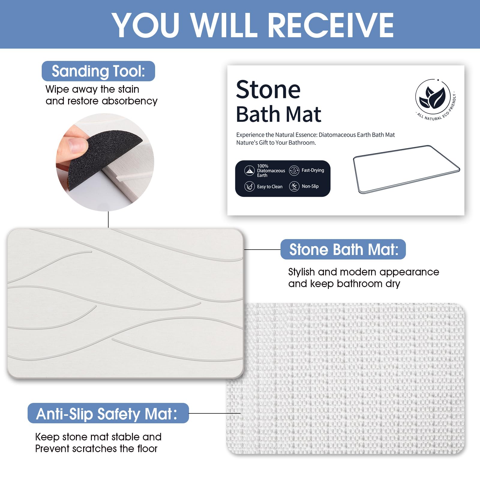 Veeloim Stone Bath Mat Diatomaceous Earth Shower Mat Non-Slip Super Absorbent Diatomite Stone Bath Mats for Bathroom Floor Quick Drying Natural Easy to Clean(23.6''×15.4" White)