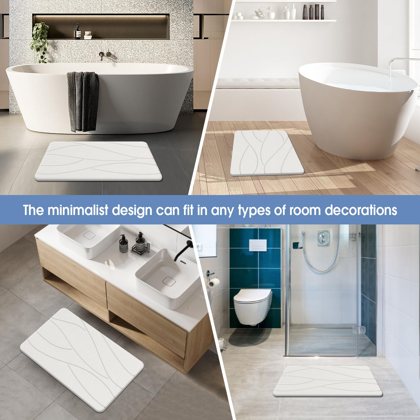 Veeloim Stone Bath Mat Diatomaceous Earth Shower Mat Non-Slip Super Absorbent Diatomite Stone Bath Mats for Bathroom Floor Quick Drying Natural Easy to Clean(23.6''×15.4" White)