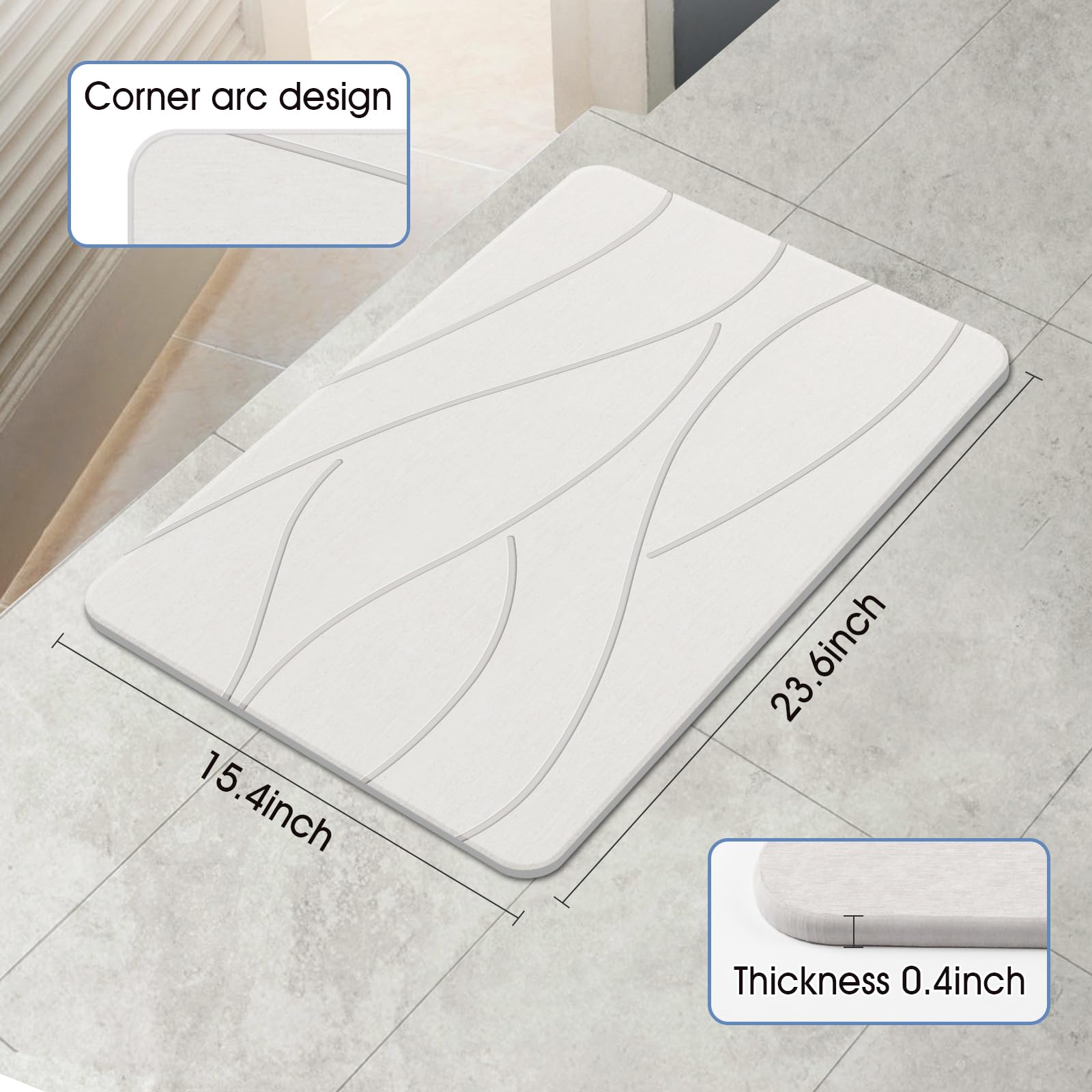 Veeloim Stone Bath Mat Diatomaceous Earth Shower Mat Non-Slip Super Absorbent Diatomite Stone Bath Mats for Bathroom Floor Quick Drying Natural Easy to Clean(23.6''×15.4" White)