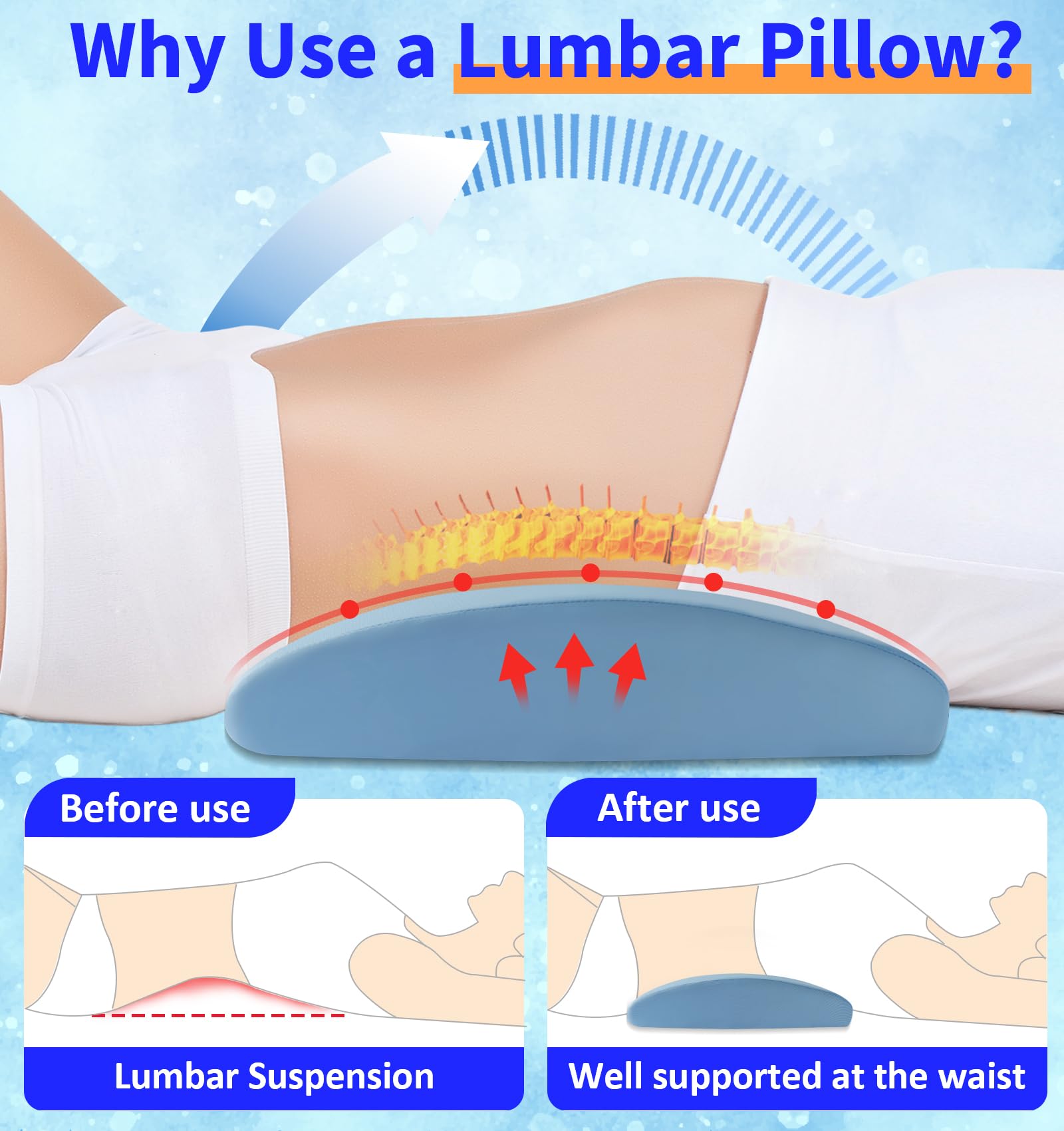 Lumbar Support Pillow for Bed Relief Back Pain: Lower Back Pillow for Sleeping - Memory Foam Waist Pillow - Cooling Back Bolster Pillow for Side, Back&Stomach Sleepers - Bed Cushions for Car, Sofa