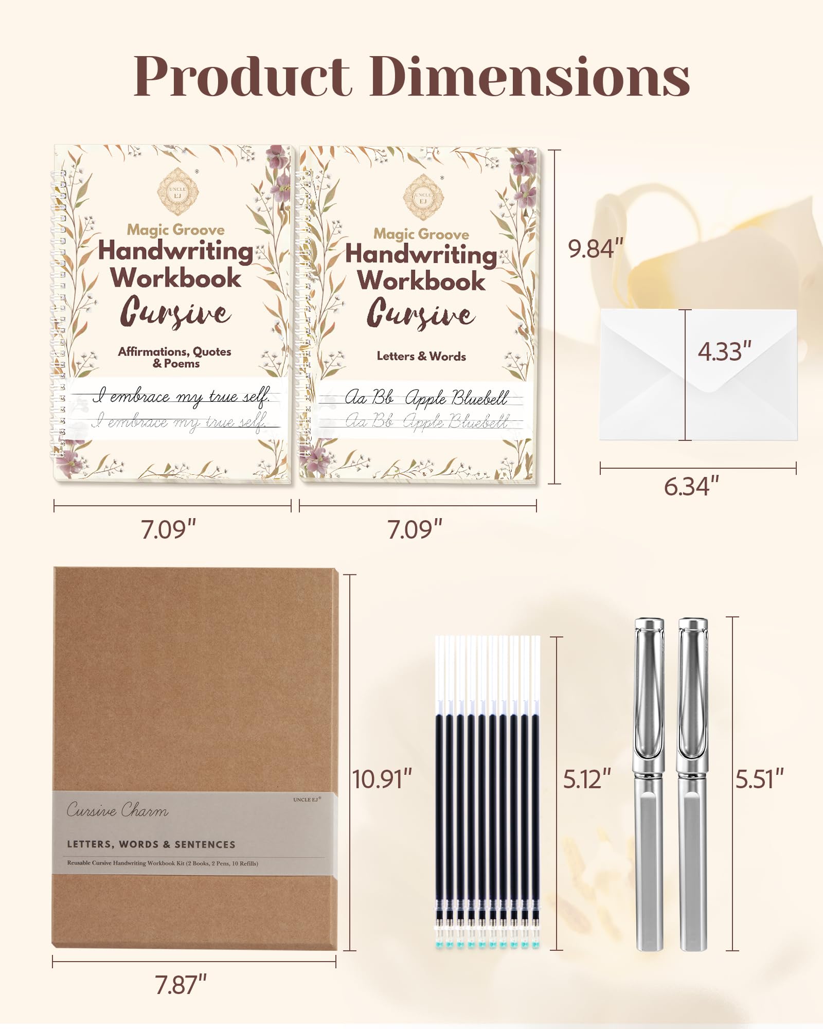 UNCLE EJ® Grooved Cursive Handwriting Workbook Kit - Reusable Cursive Workbook for Kids 8-12 and Adults, Magic Grooved Handwriting Practice, Letters Words Poetry & Affirmations, Cursive Charm, 9.8"x7"