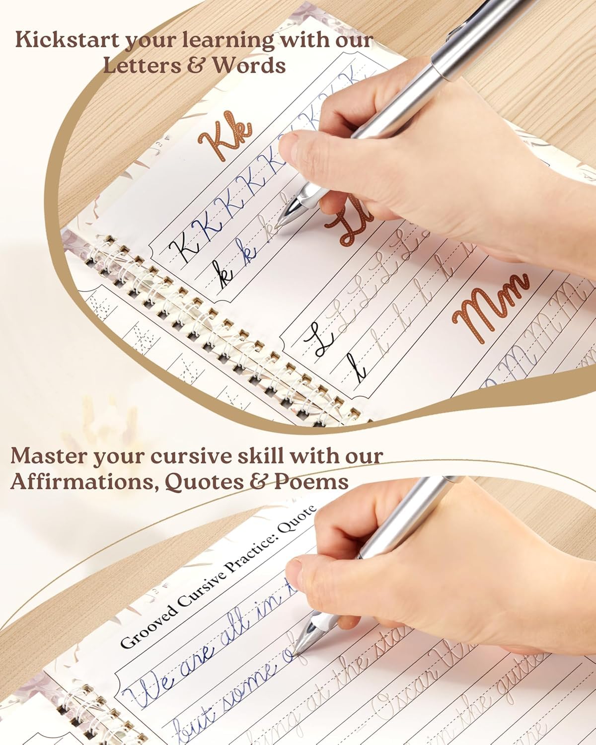 UNCLE EJ® Grooved Cursive Handwriting Workbook Kit - Reusable Cursive Workbook for Kids 8-12 and Adults, Magic Grooved Handwriting Practice, Letters Words Poetry & Affirmations, Cursive Charm, 9.8"x7"