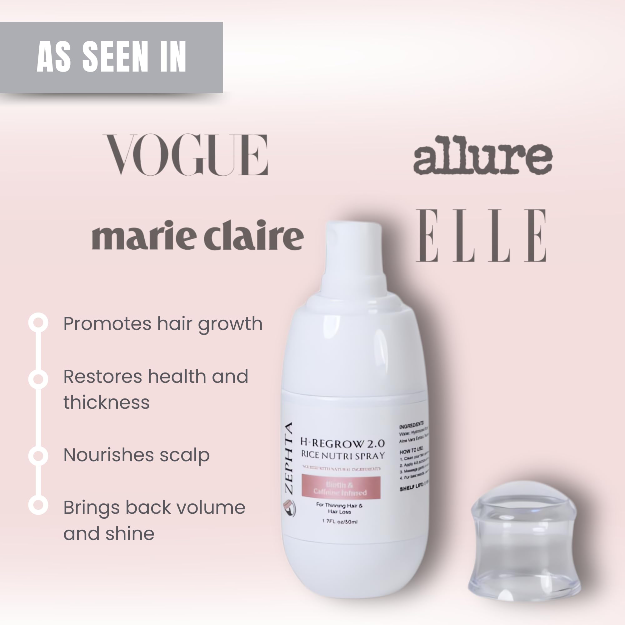 Zephta H-Regrow Hair Growth Spray – With Rice Water, Biotin, Aloe Vera, Caffeine, and Ginger – Hair Growth Product for Men and Women – For Thinning Scalp