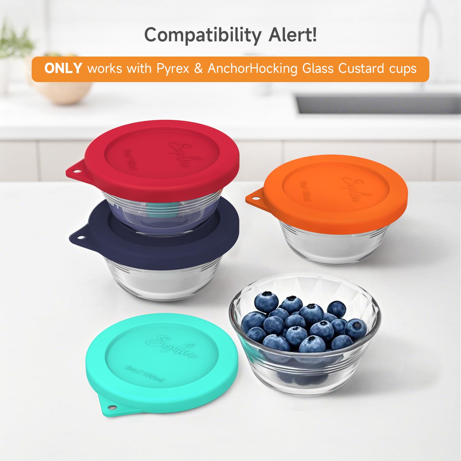 Sophico Silicone Replacement Lids for Pyrex and Anchor Hocking Glass Custard Cups 6oz, Round Silicone Cover for Food Storage (Container not Included)