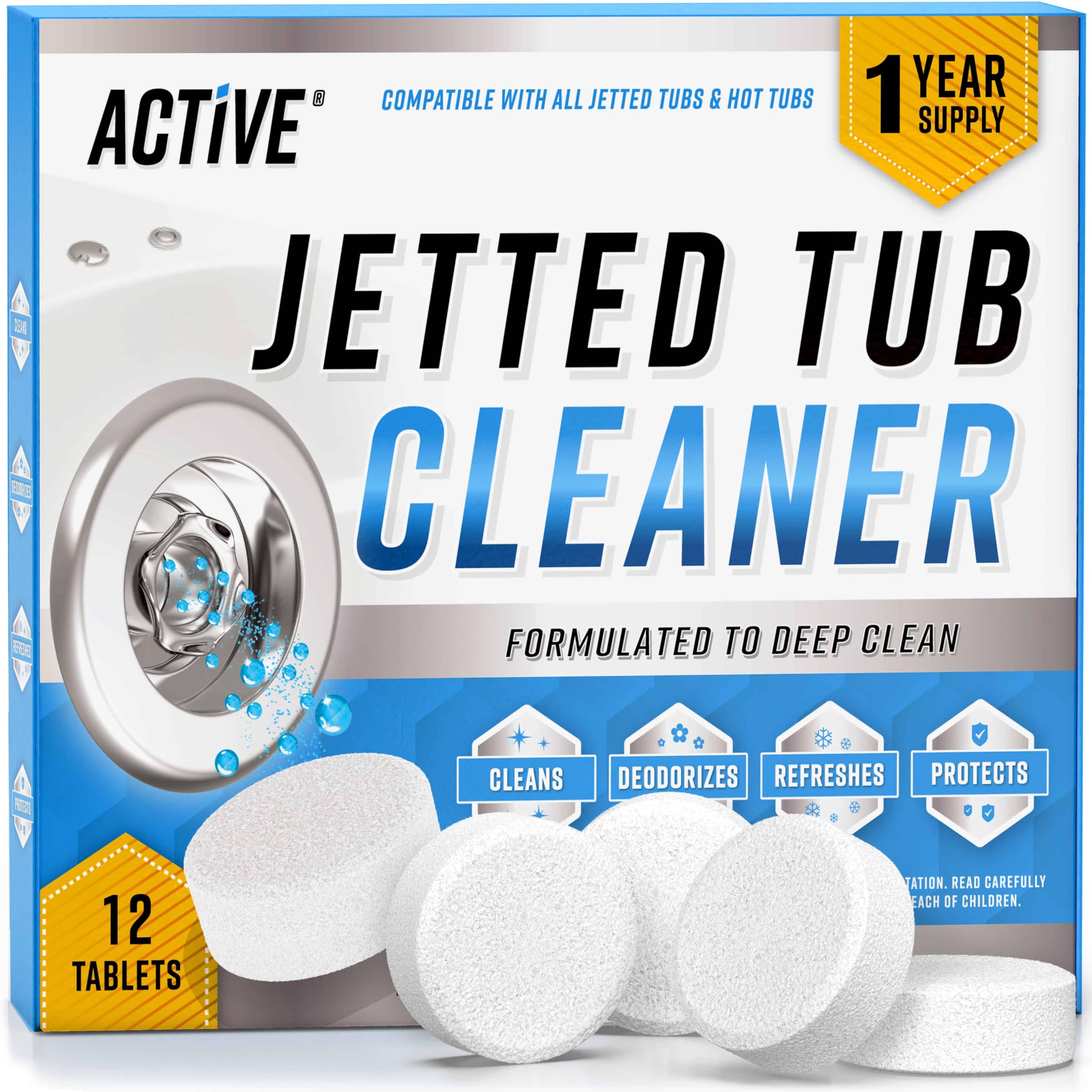 Jetted Tub Cleaner Bathtub Tabs - 12 ACTIVE Cleaning Tablets, Compatible with Whirlpool & Spa Bath System, Jets, Whirl Tubs, Professional Septic Safe Bath Jet Scale and Residue Remover - 1 Year Supply