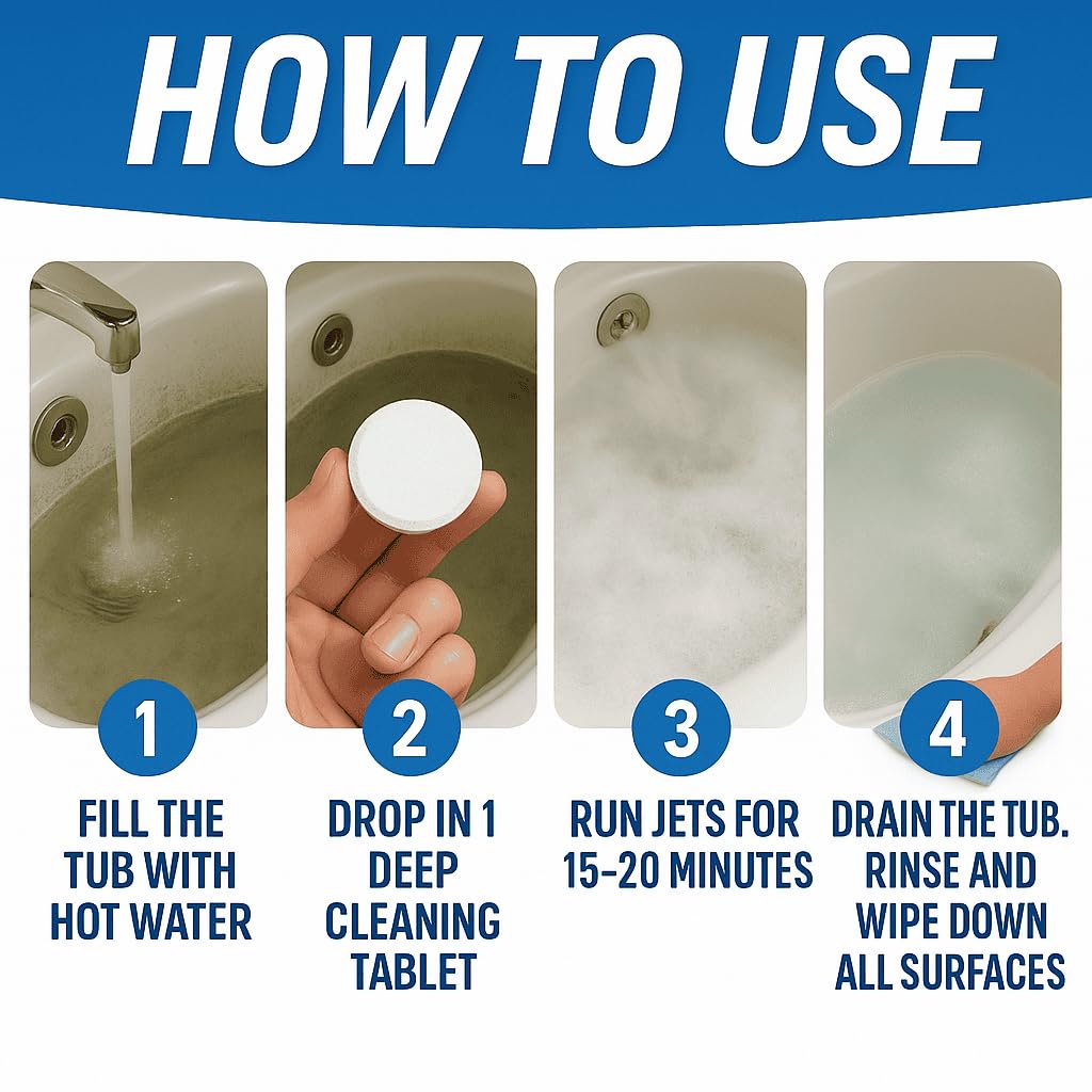 Jetted Tub Cleaner Bathtub Tabs - 12 ACTIVE Cleaning Tablets, Compatible with Whirlpool & Spa Bath System, Jets, Whirl Tubs, Professional Septic Safe Bath Jet Scale and Residue Remover - 1 Year Supply