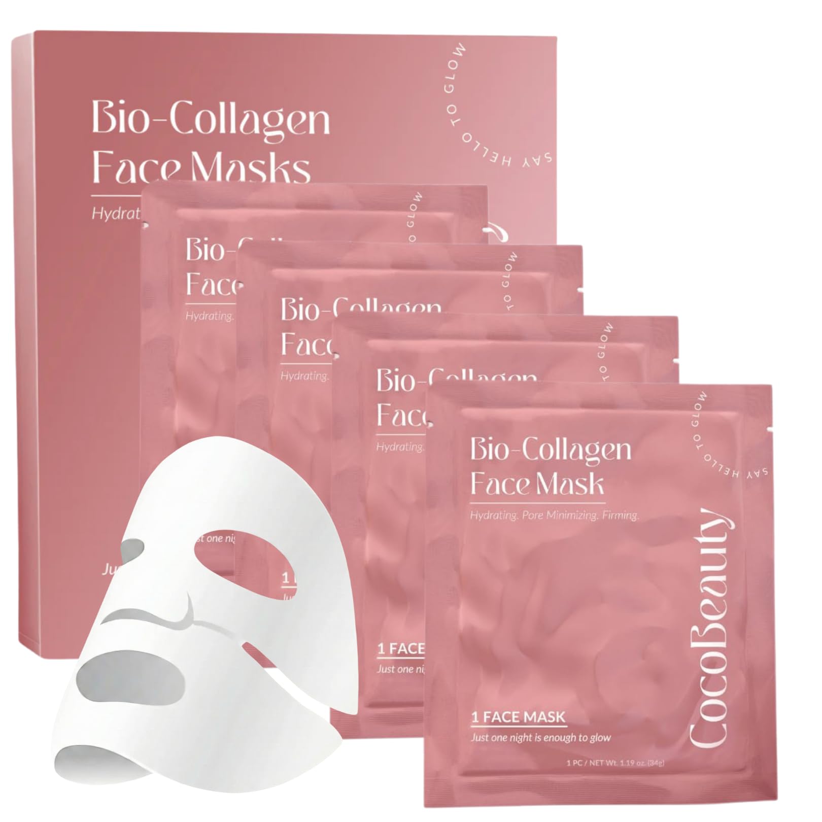 COCOBEAUTY Collagen Sheet Mask – Hydrating Korean Face Mask for Fine Lines & Anti-Aging, Deep Moisture, Radiant Skin Boost, Bio-Collagen Facial Masks (4 Pack)