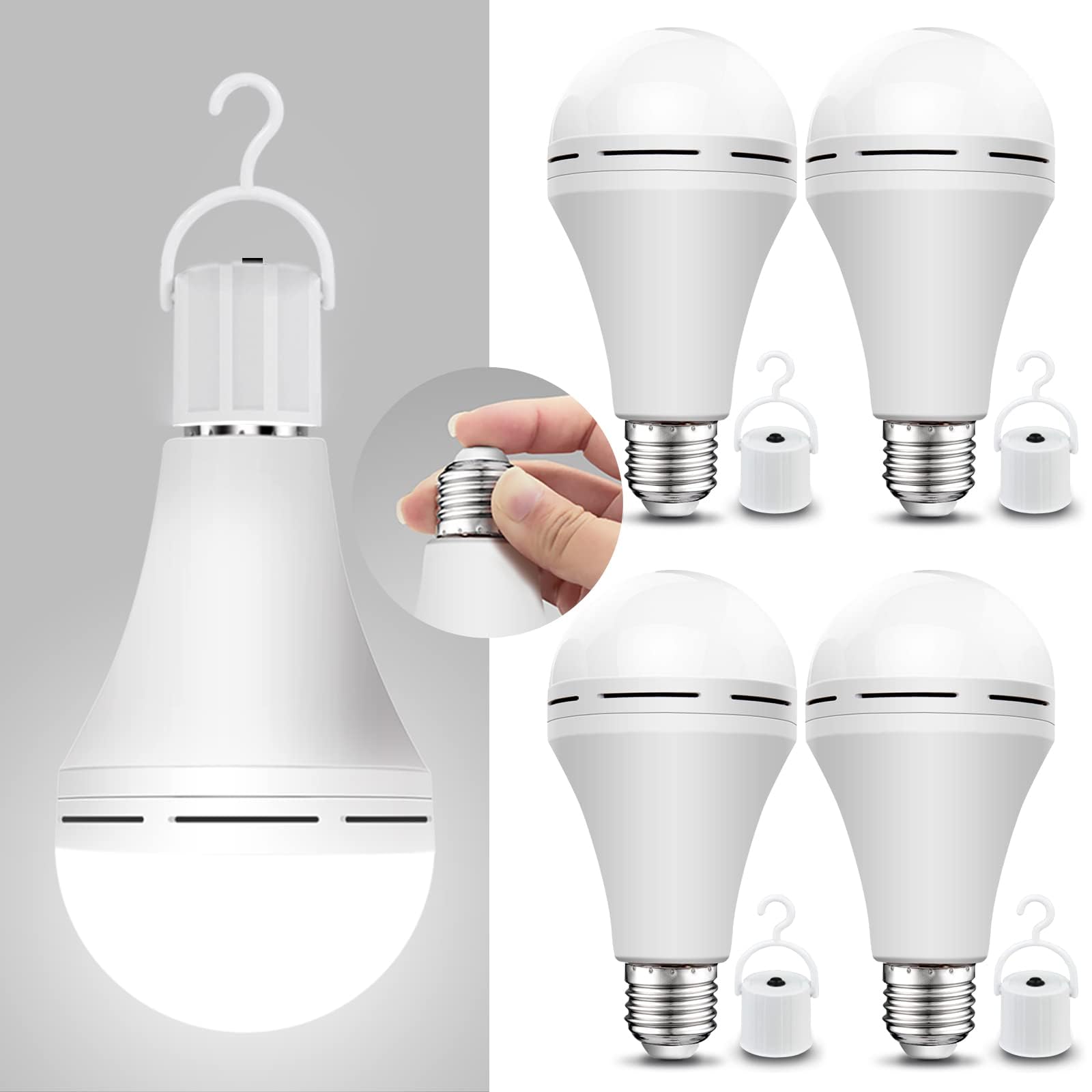 Neporal 4 Pack Emergency-Rechargeable-Light-Bulb, Stay Lights Up When Power Failure, 1200mAh 15W 80W Equivalent LED Light Bulbs for Home, Camping, Tent (E27, with Hook) (Daylight)