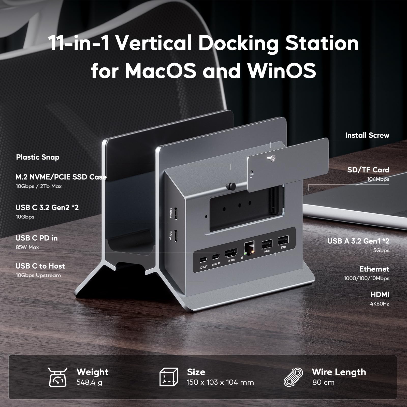 PULWTOP MacBook Pro Air Docking Station, Vertical USB C Laptop Docking Station with M.2 SSD Slot, HDMI 4K@60Hz, 4 USB A/C Max 10Gbps, Ethernet, SD/TF, PD Dock for MacBook/USB-C Win Laptops - Grey