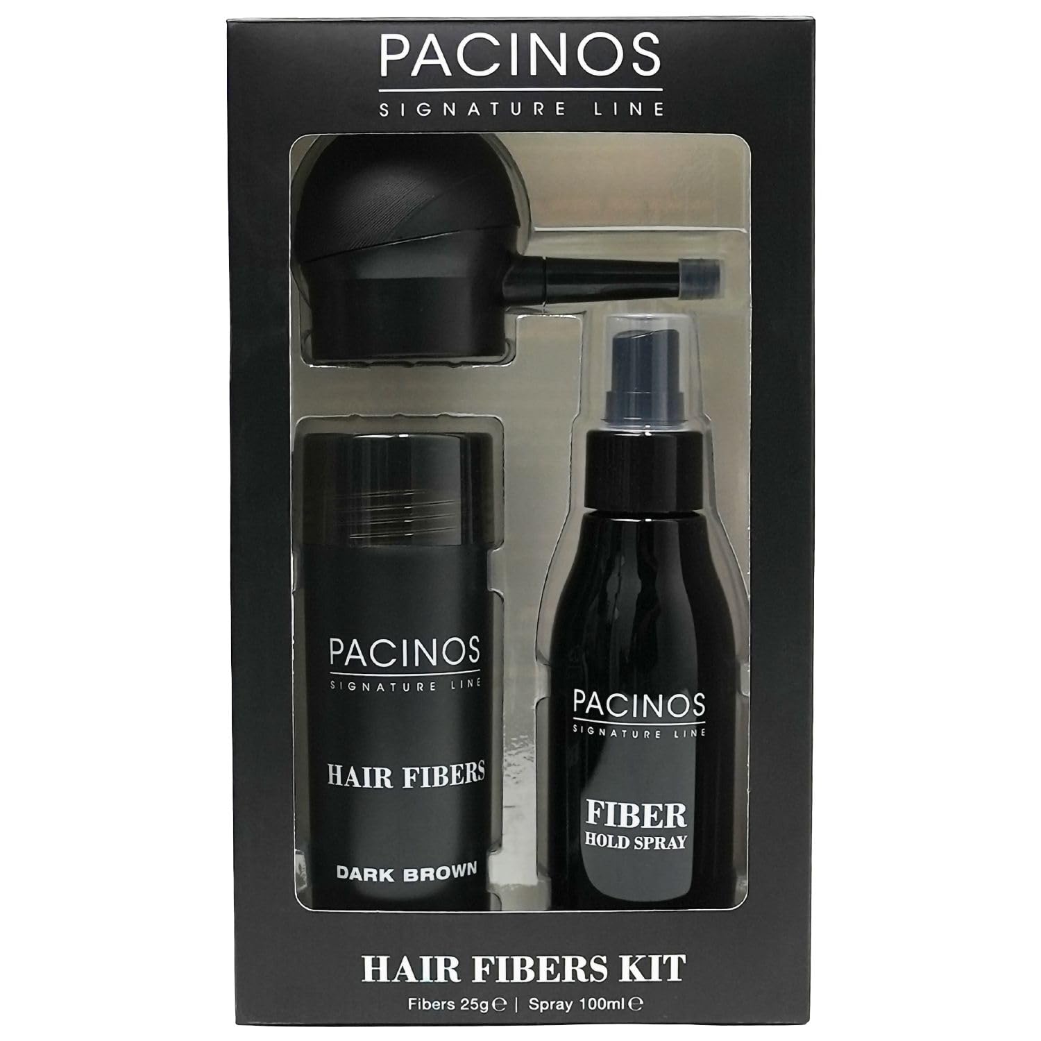 Pacinos Hair Fiber Kit - Conceal Thinning Hair Instantly with Fiber Hold Spray - Dark Brown
