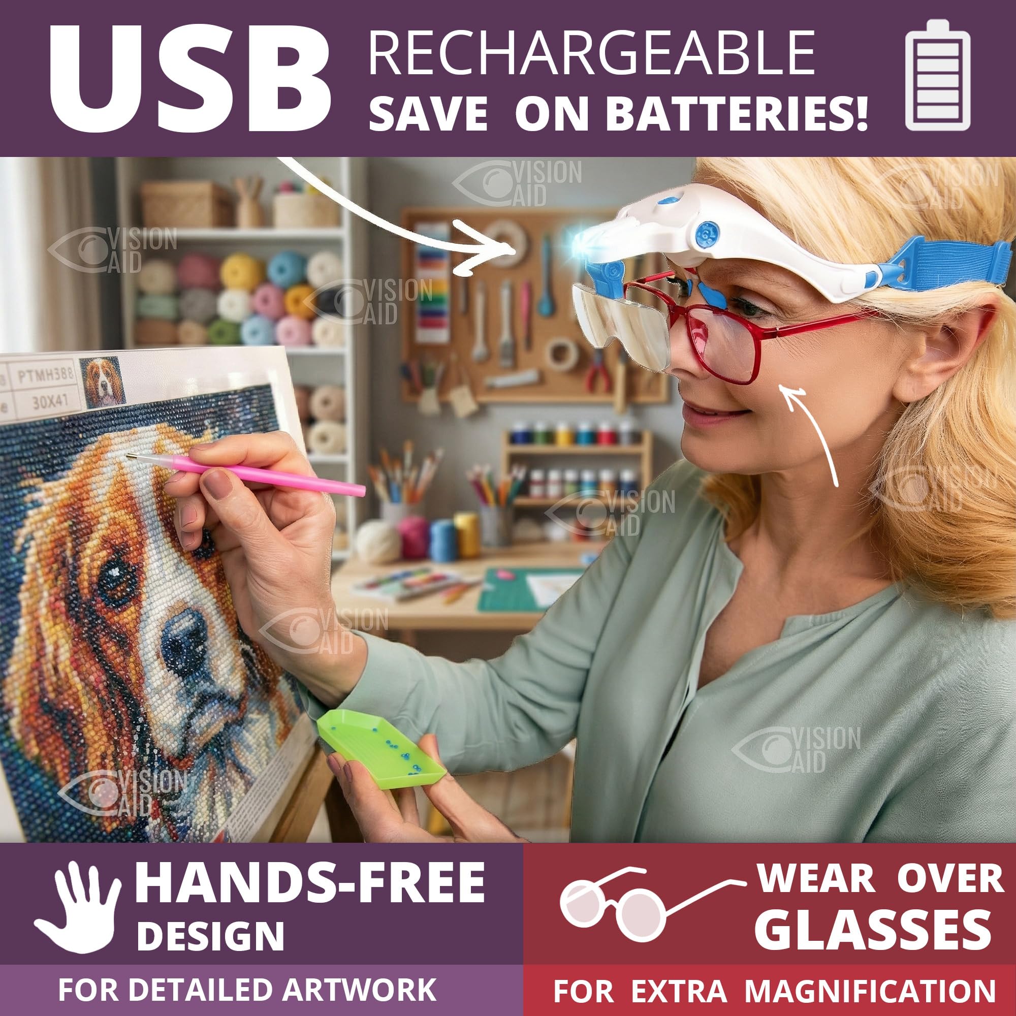 Vision Aid Expert Edition Magnifying Glasses with USB Rechargeable LED Light and Storage Case Hands Free Head Magnifier for Hobby Painting Close Work